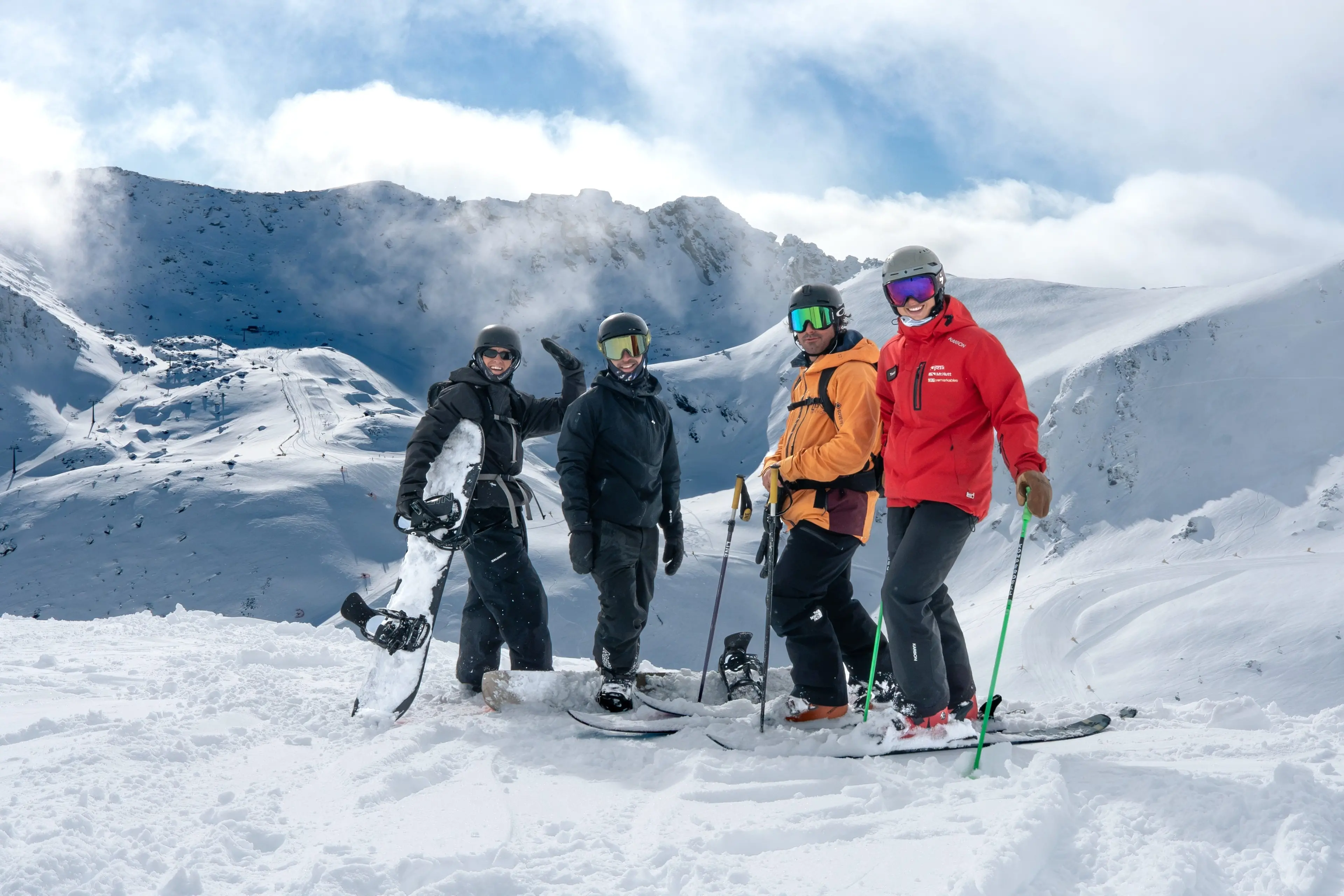 Relishing fresh snow and fine weather at The Remarkables ski area yesterday are (from left)\\u00A0Max Allcock,\\u00A0Sam Ogden-Newton,\\u00A0Lorenzo Bregani and\\u00A0Tessa Hasekamp. Photo: Eimer Fitzgerald