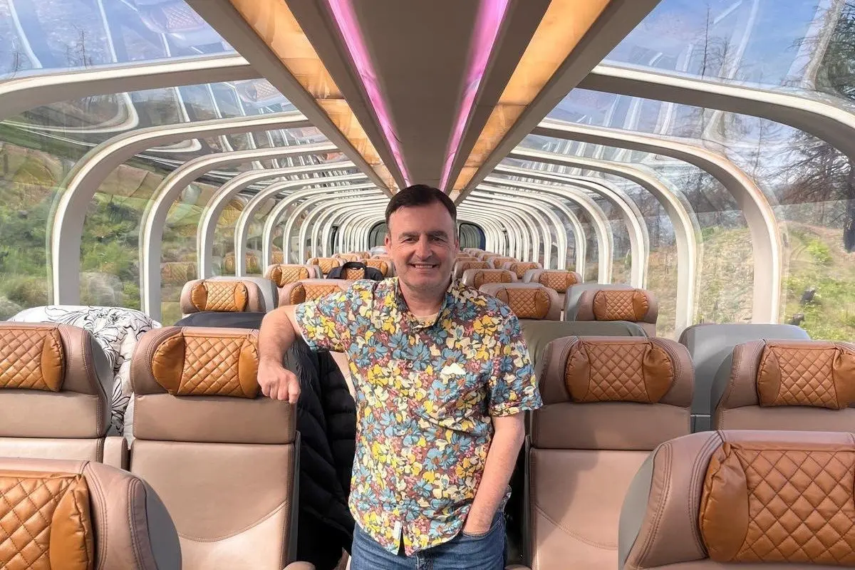 Mike on the Rocky Mountaineer. Photo Mike Yardley.