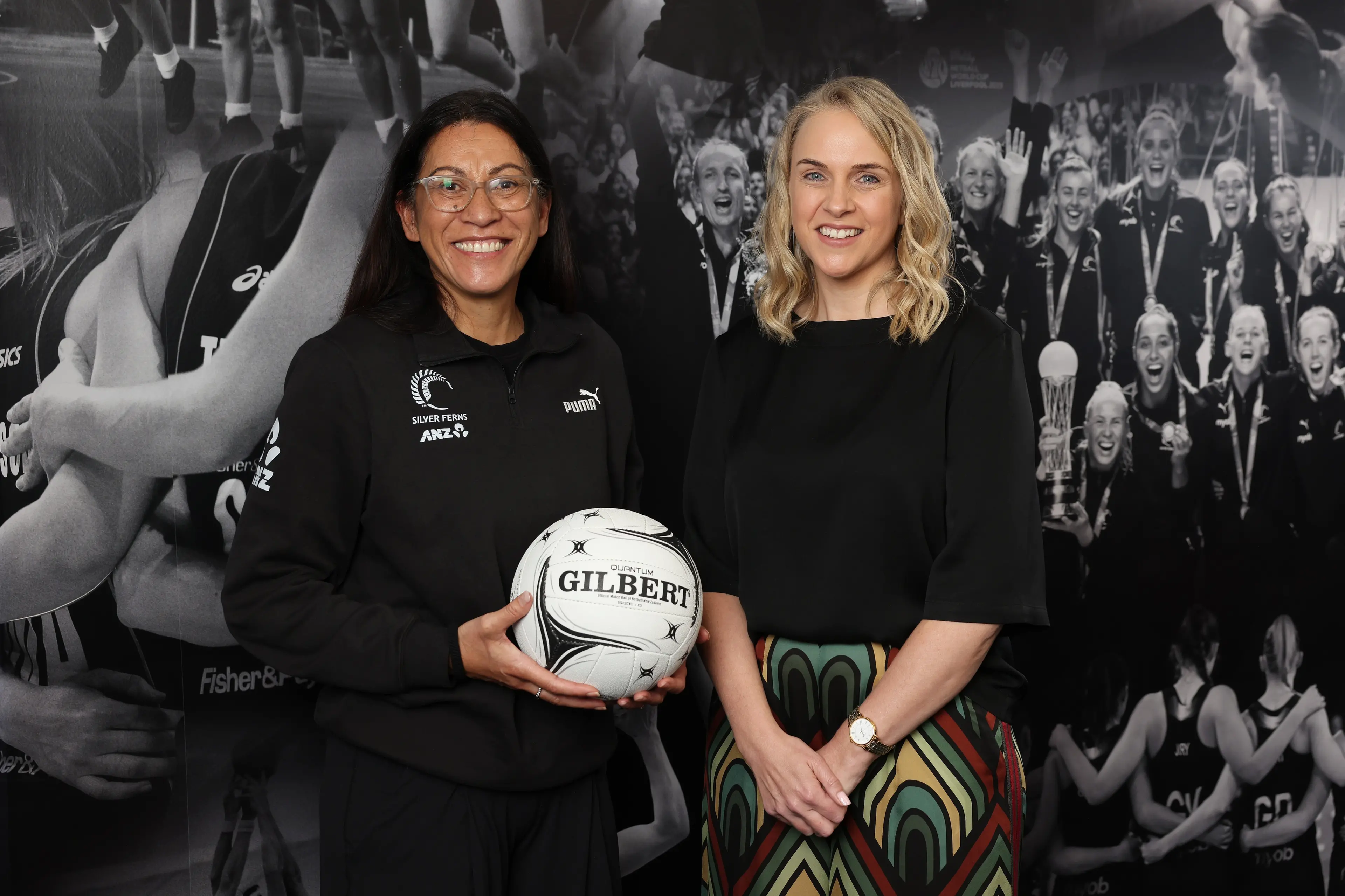 Silver Ferns coach Noeline Taurua (left) and Netball New Zealand chief executive Jennah Wootten celebrate Taurua being re-appointed through to the Netball World Cup next year. Photo: Michael Bradley Photography