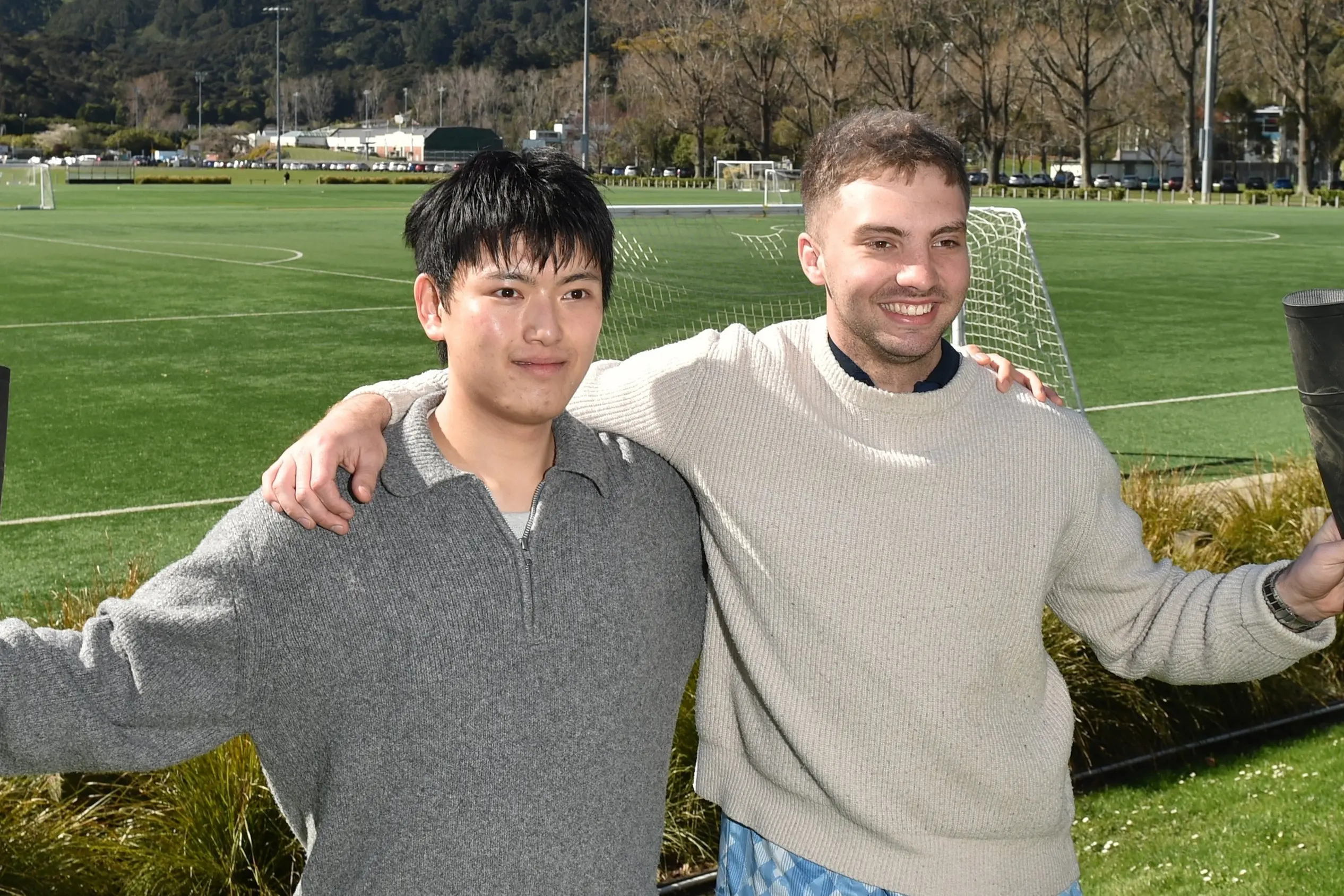 University of Otago medical student Luka Lee (left) and physiotherapy student Edwin Short are fundraising for Gumboot Friday by hosting a charity football match between their different study disciplines. Photo: Gregor Richardson