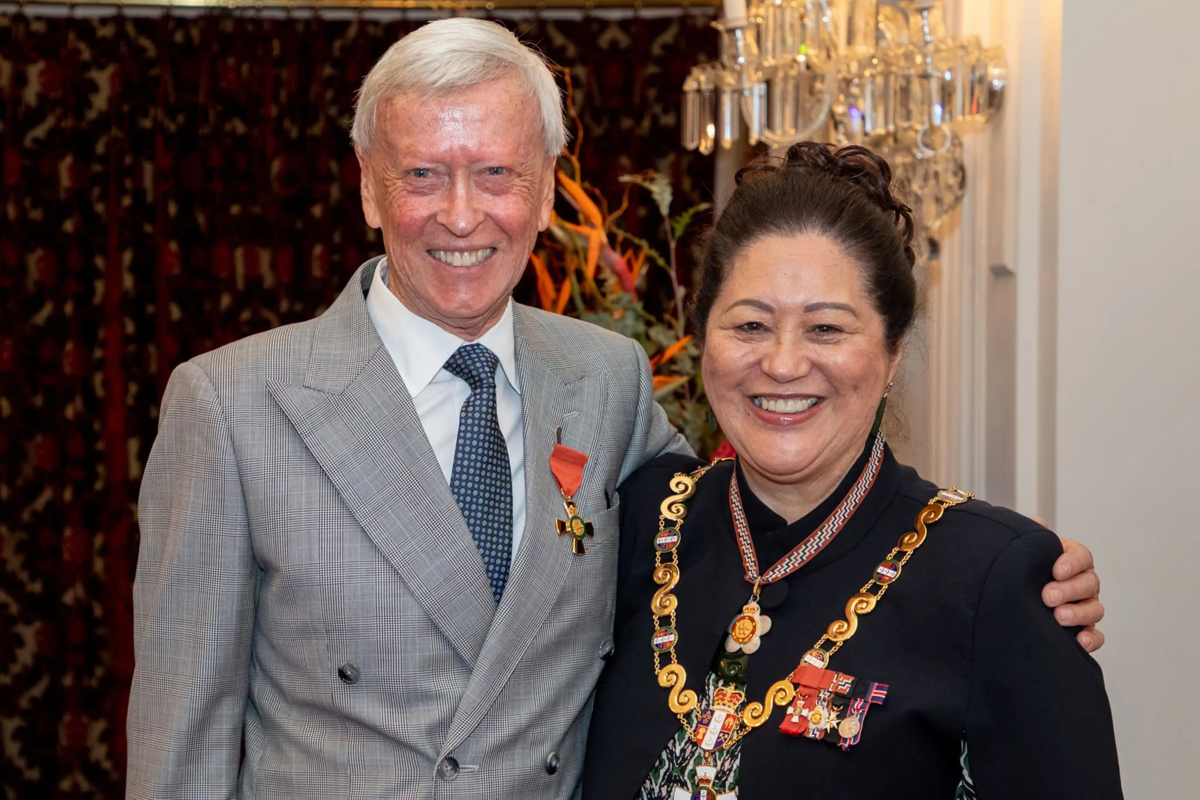 Richard Ashford, of Ashburton, at left, with Governor-General Dame Cindy Kiro following his Officer of the New Zealand Order of Merit investiture at Government House, Wellington, last Thursday. Photo: Doug Mountain Photography