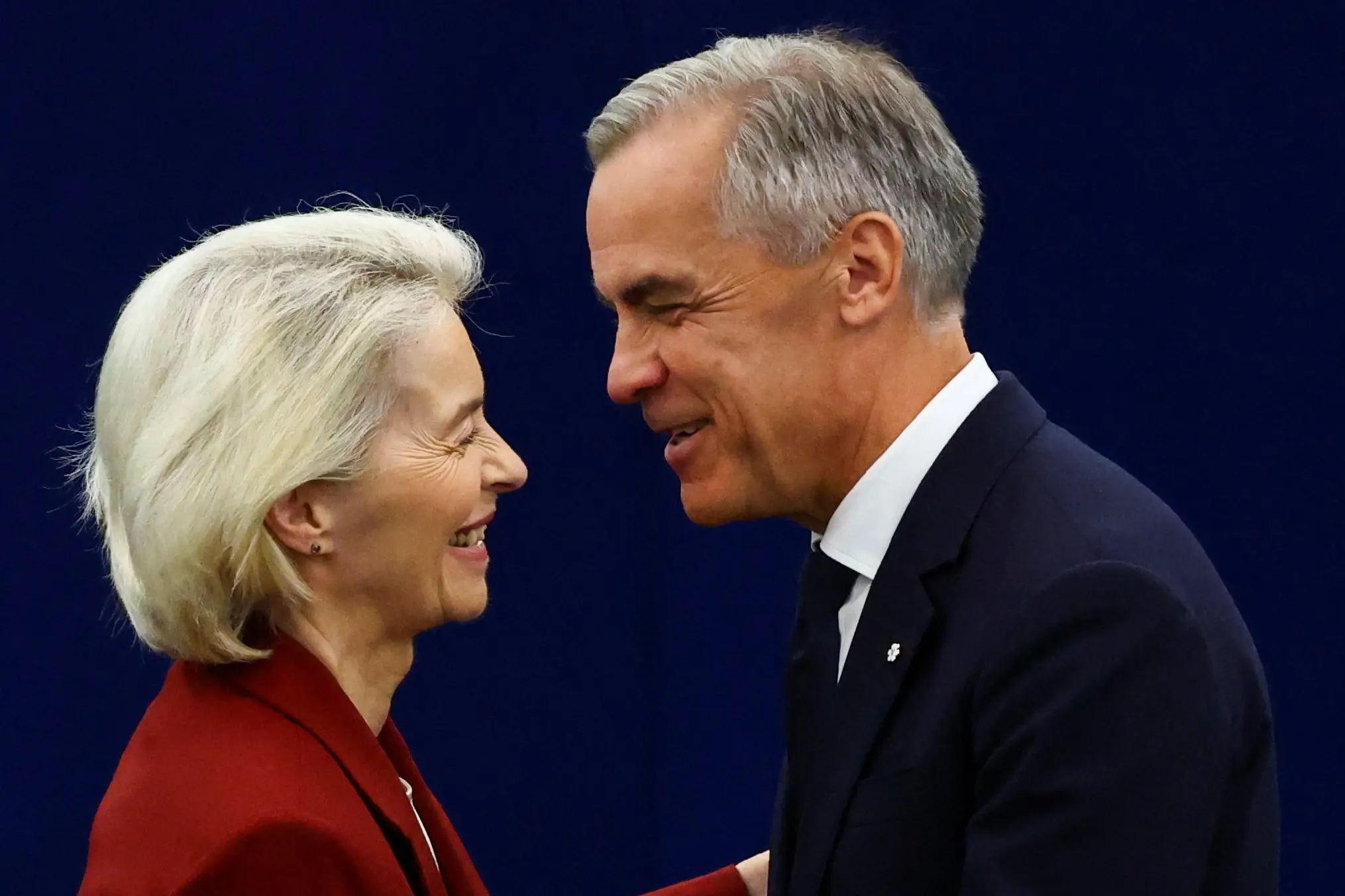 Mark Carney is congratulated by Ursula von der Leyen after his speech at the European Parliament in Strasbourg. Photo: Reuters
