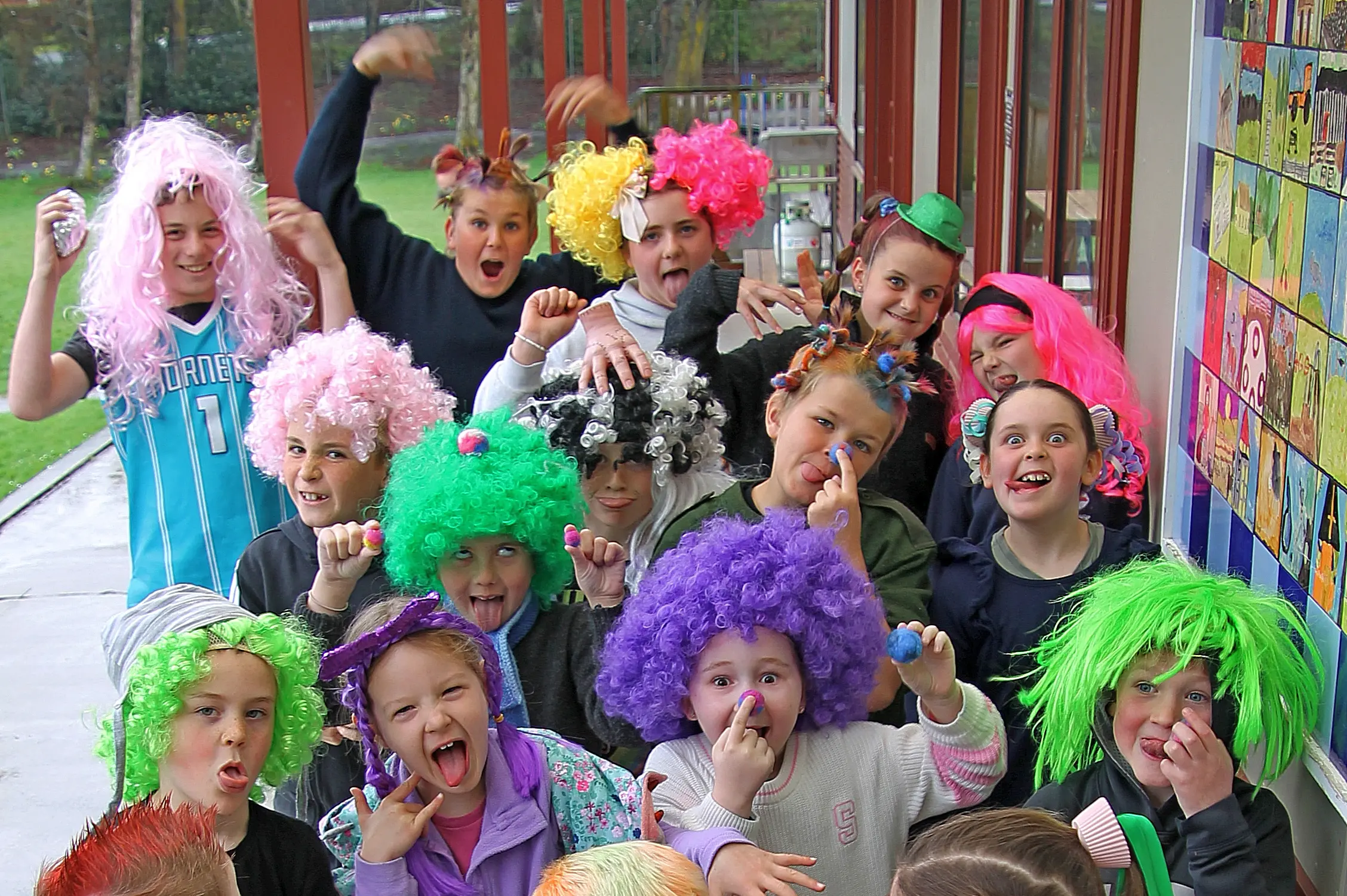 Warepa School students swapped their usual styles for crazy hair as part of their fundraiser for the Child Cancer Foundation on the recent Wig Wednesday. Photo: Nick Brook