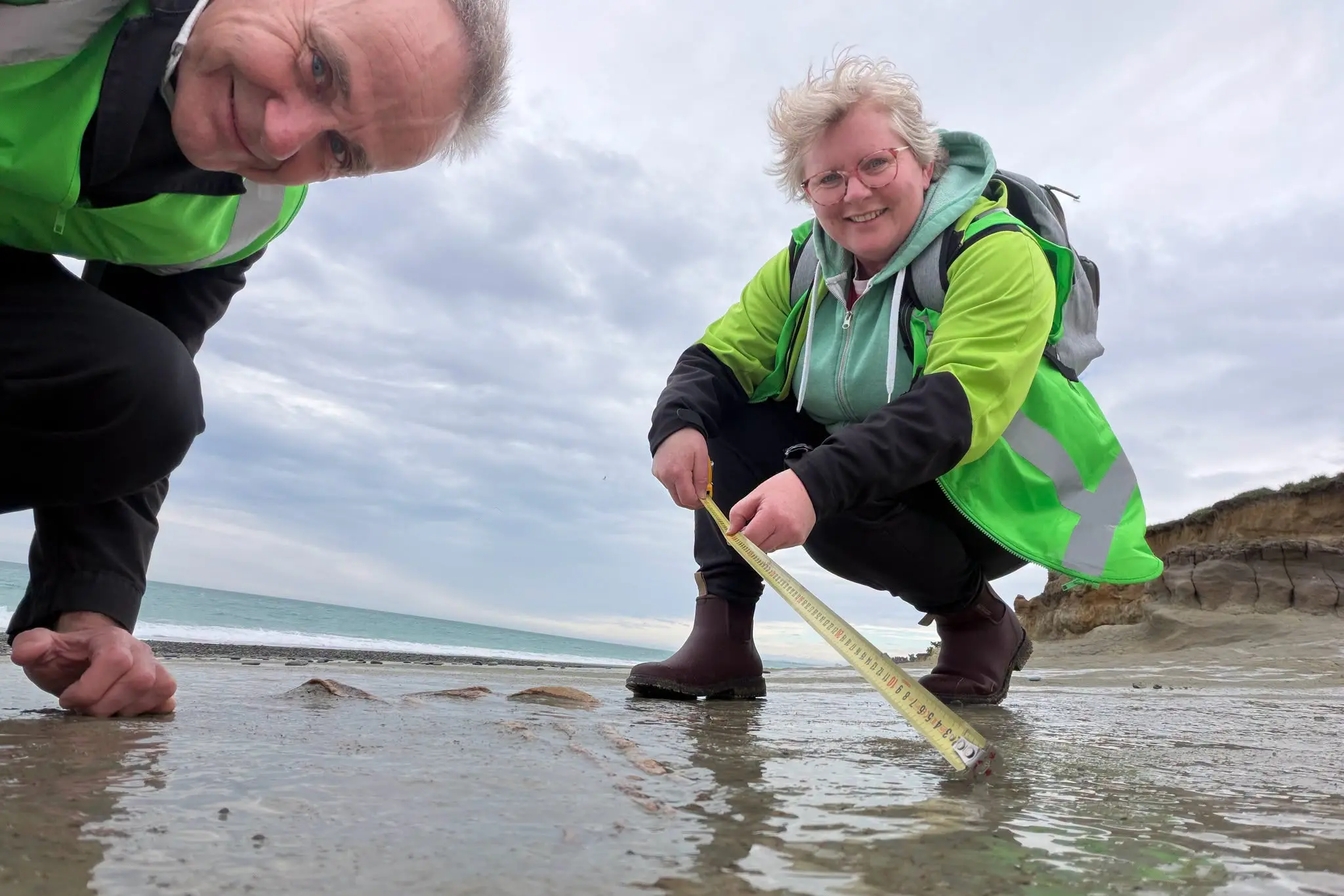 South Canterbury Museum director Philip Howe and educator Keely Kroening measure the moa bones found on a St Andrews beach last week. Photo: South Canterbury Museum.