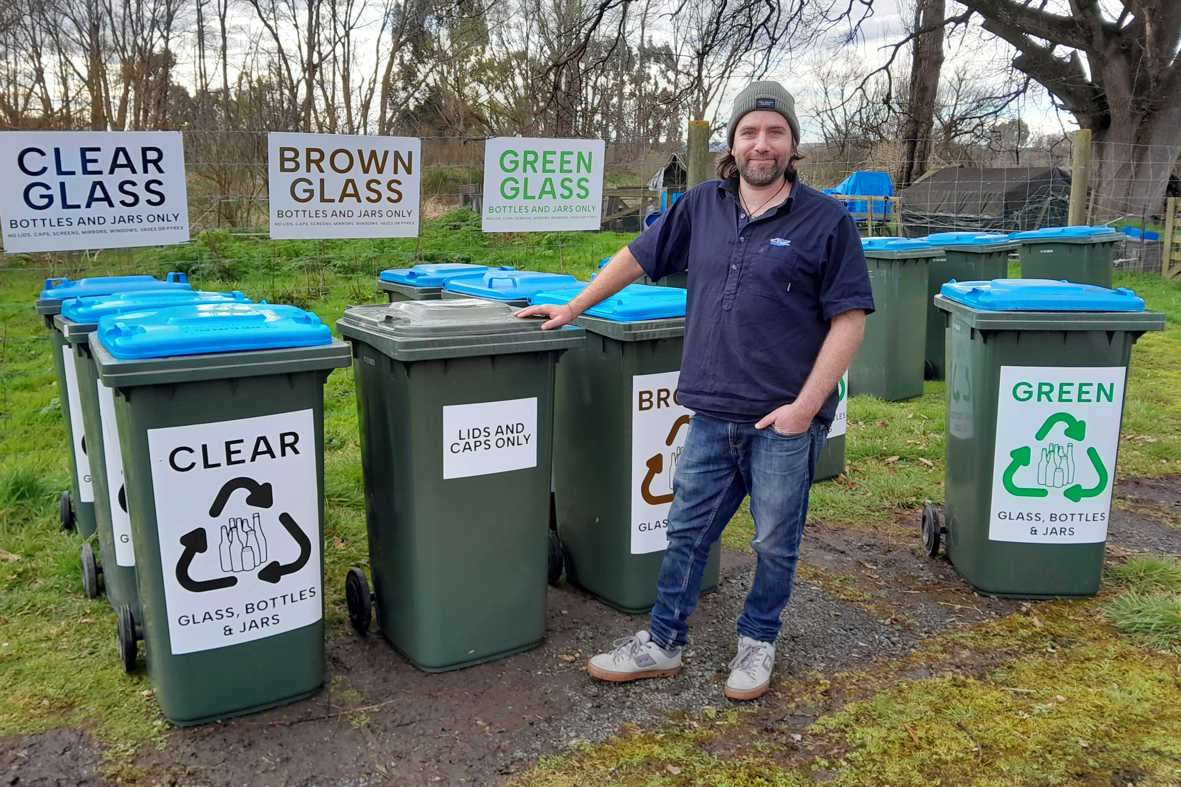 Clutha District Council waste and greenspace leader Scott Martin visits the colour-sorted glass recycling trial area at Milton Transfer Station. Photo: Supplied