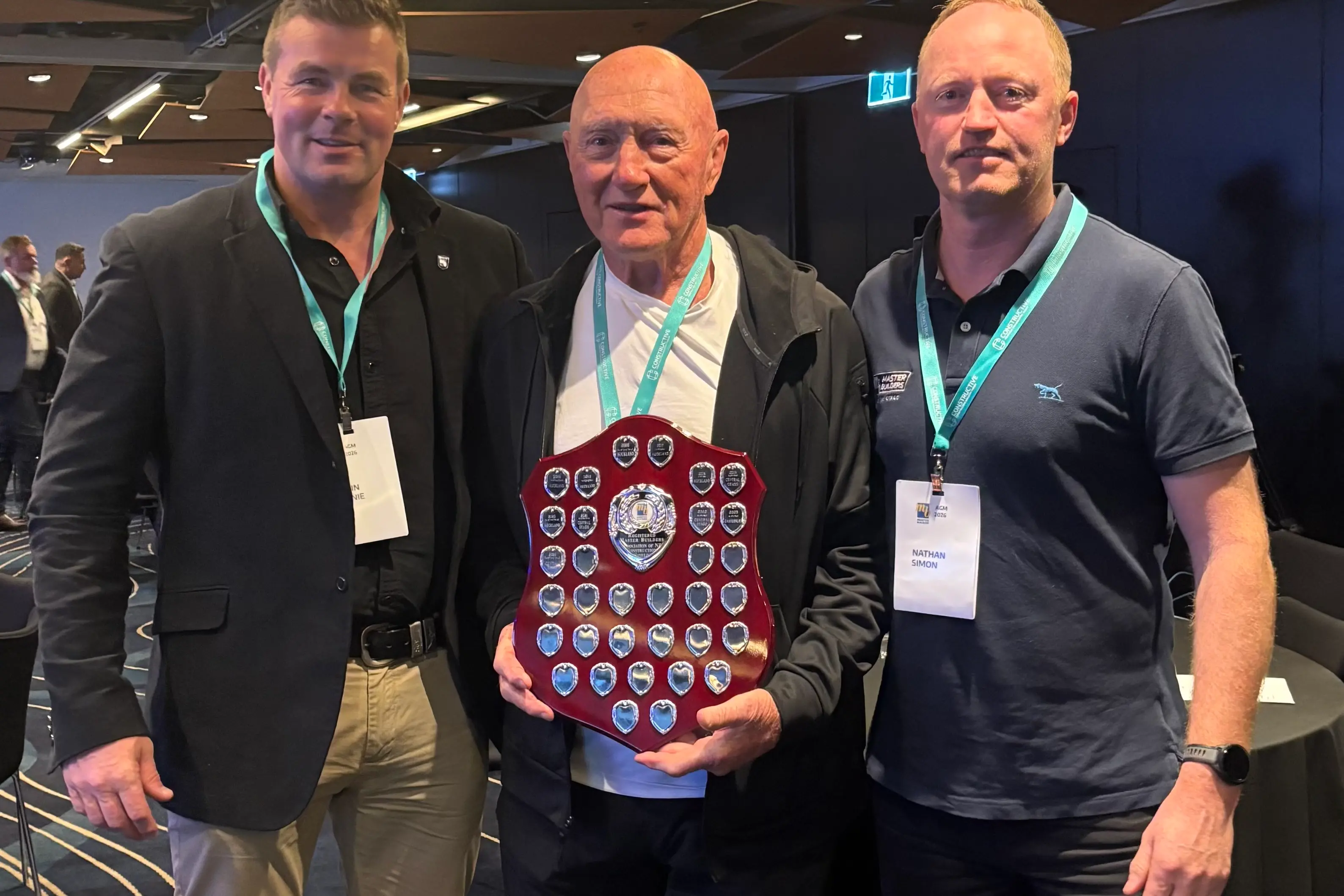 Receiving the Master Builders\\u2019 Construction Shield at the association\\'s AGM, held in Auckland earlier this month, are (from left) vice-president Justin Carnie, regional service manager Leon Williams and Central Otago president Nathan Simon. Photo: Supplied
