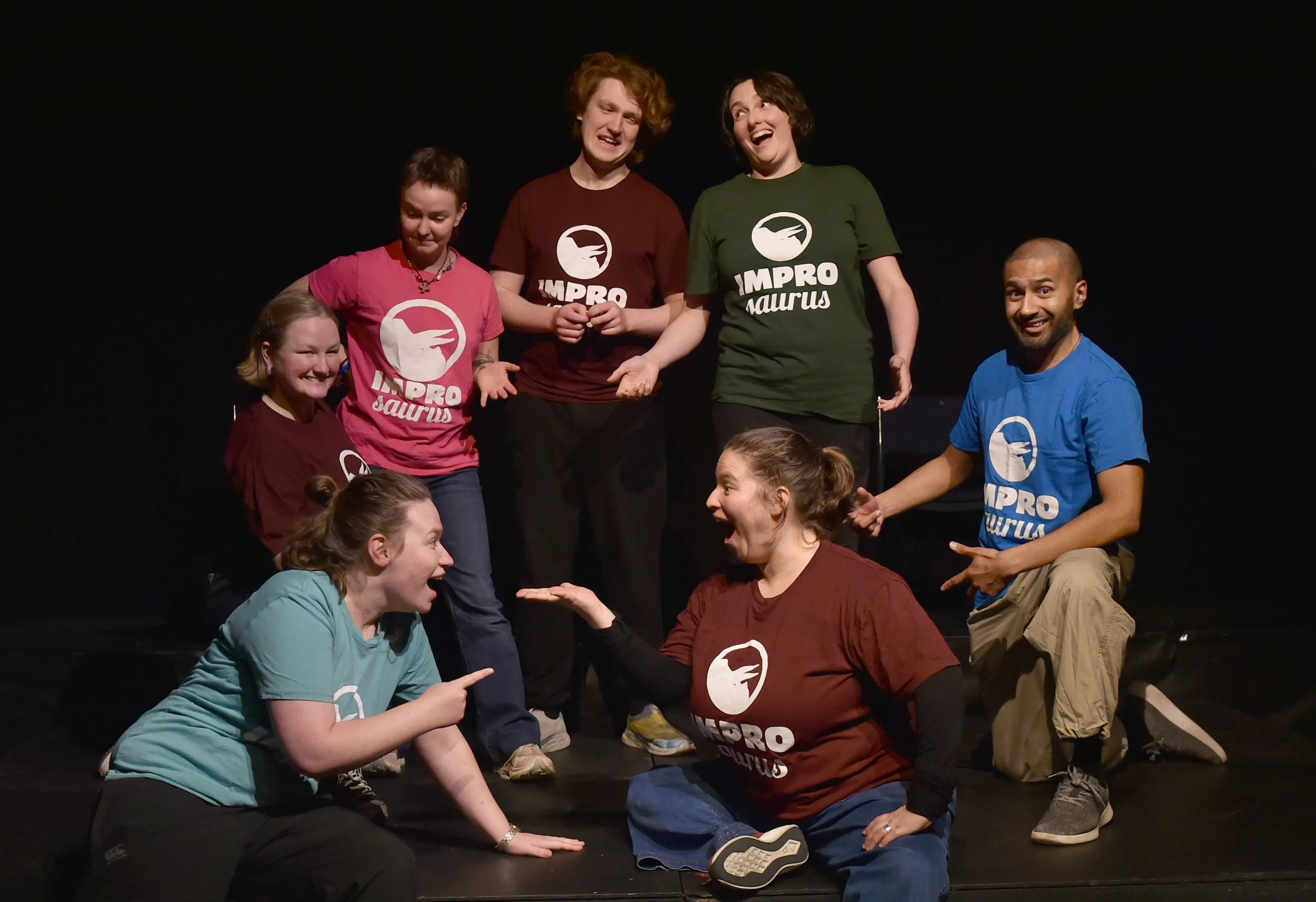 Cast of last week\\'s Improsaurus show (back from left): Rachel Tombs, Linea Simons, Fen Mcintosh, Rosie Collier, Rushi Vyas, (front) Tabitha Littlejohn, Marea Colombo at the Athenaeum. Photo: Peter McIntosh