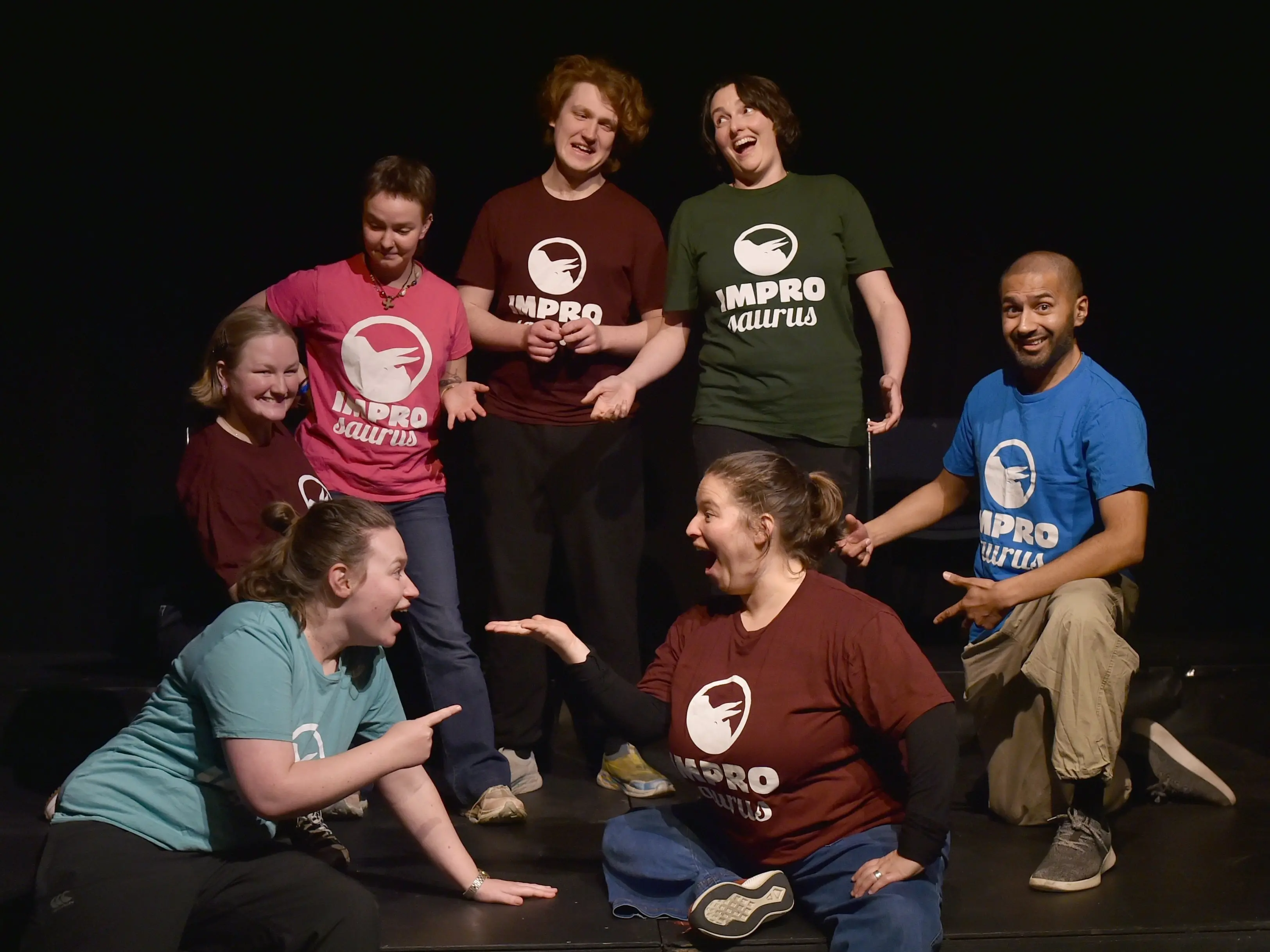 Cast of last week\\'s Improsaurus show (back from left): Rachel Tombs, Linea Simons, Fen Mcintosh, Rosie Collier, Rushi Vyas, (front) Tabitha Littlejohn, Marea Colombo at the Athenaeum. Photo: Peter McIntosh