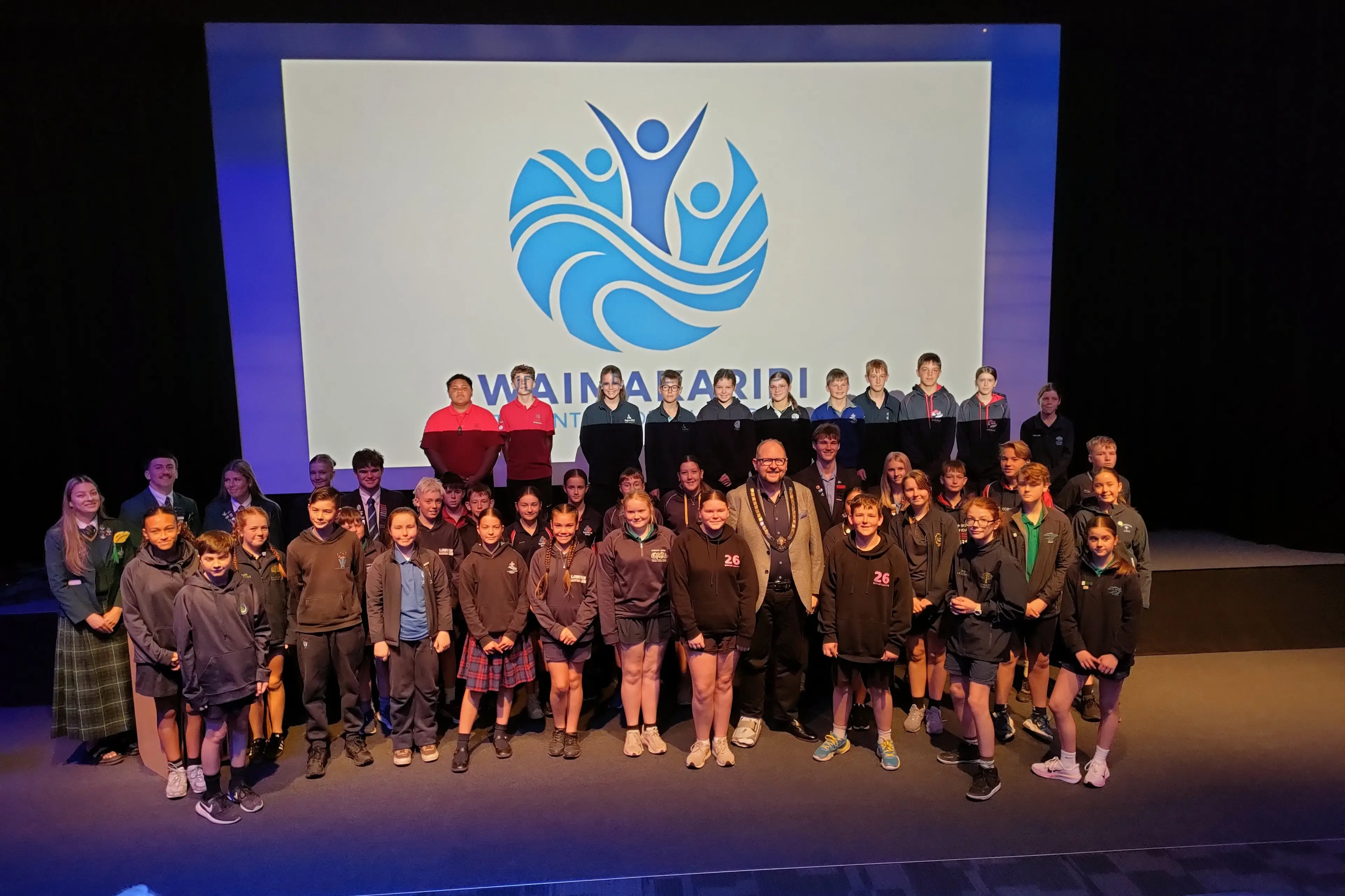 Young leaders . . . Student leaders from 24 North Canterbury schools meet with Waimakariri Mayor Dan Gordon. Photo: David Hill