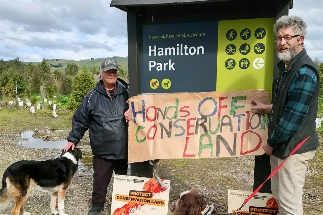 Carol Miller (left) and Warwick Taylor getting out on Saturday at Hamilton Park, where they joined thousands nationwide on the March for Nature protests. Photo: Supplied