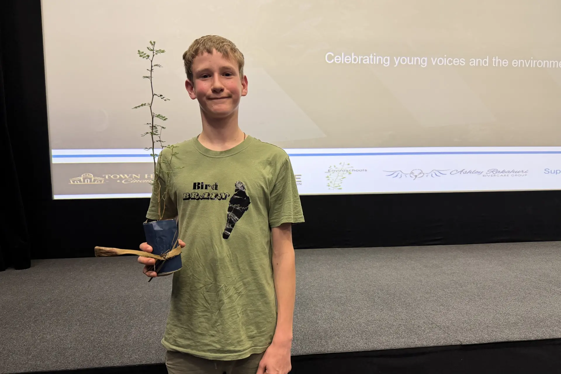 Talented young film maker\\u2026 Ambrose Green, aged 12, a home-schooled pupil from West Eyreton, during the inaugural Waimakariri Young Environmental Film Makers competition awards night last Friday at Rangiora Town Hall Cinemas, where his film Small Actions. Big Ripples - Looking after our waterways, was awarded first prize. PHOTO: HEATHER JACKMAN