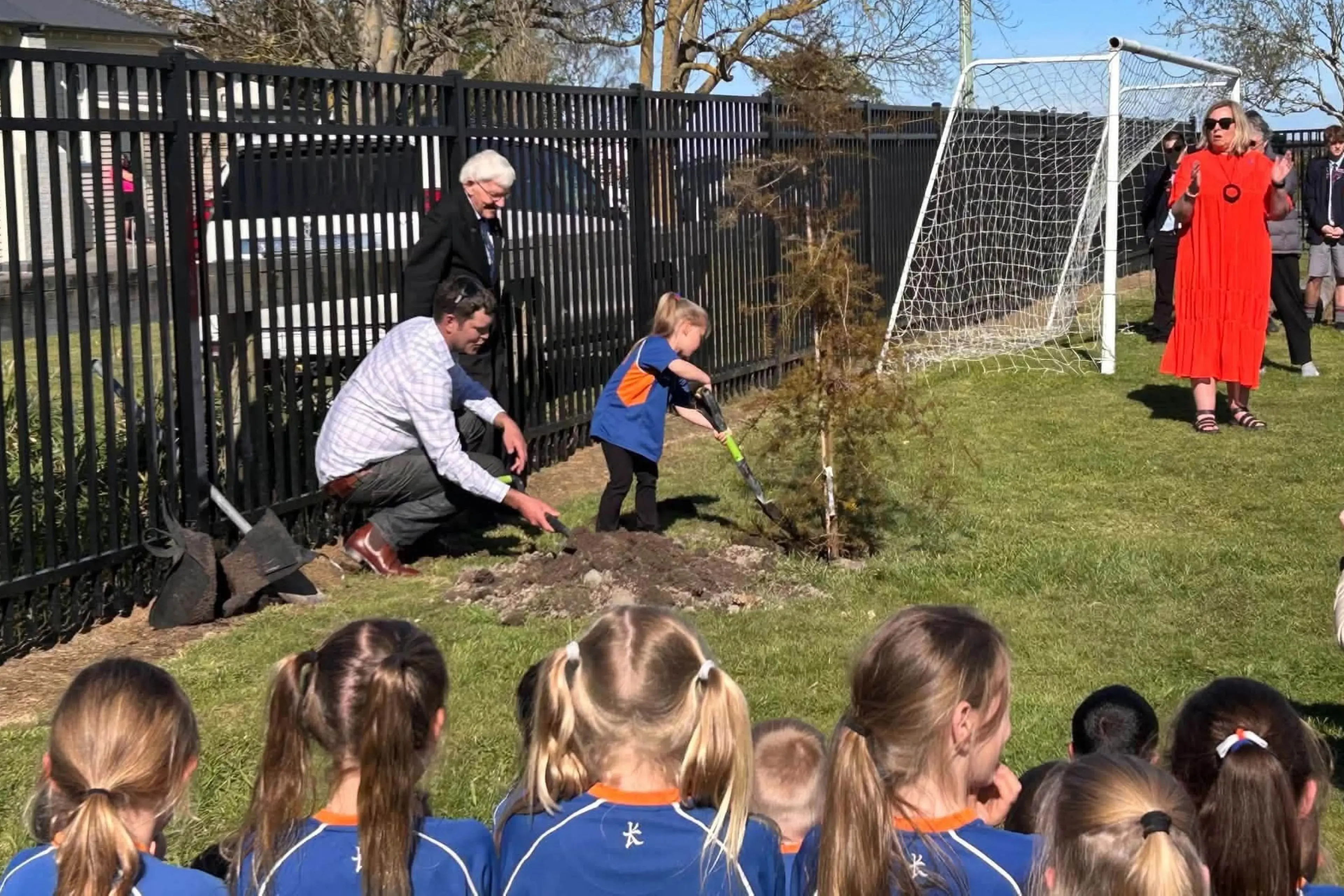 Planting Wakanui School 150th commemoration tree the oldest ex pupil at the celebrations Bruce Leadley (centre) and youngest pupil Tahlia Brown (right).  Photo Wakanui School Facebook page