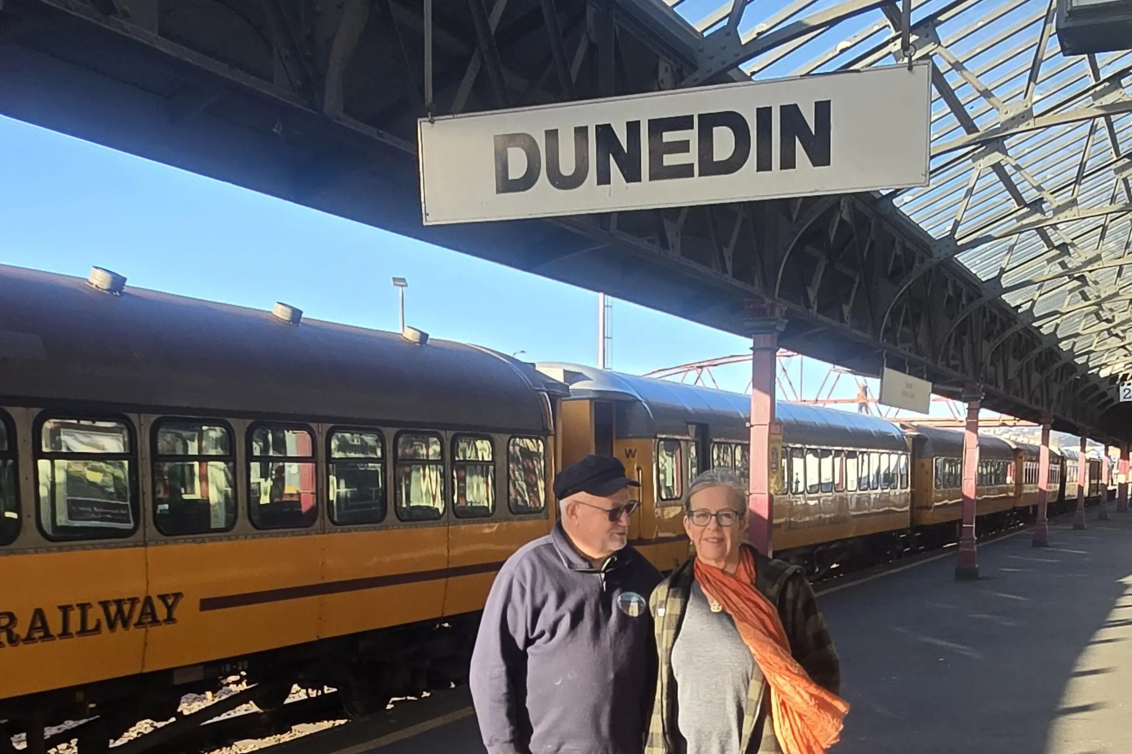 Save Our Trains Southern representative Dave MacPherson and Green list MP Celaia Wade-Brown at the Dunedin Railway Station. Photo: Supplied