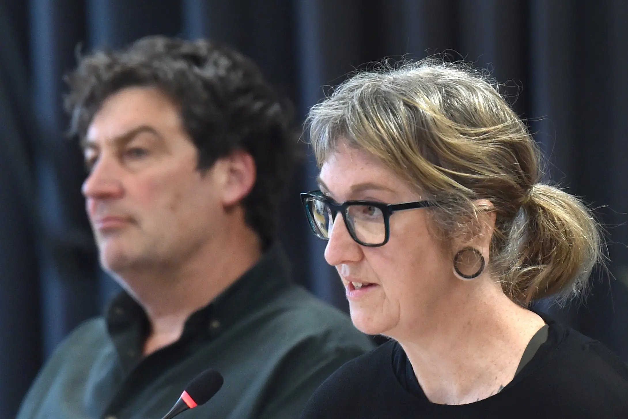 Predator Free Dunedin representatives Rhys Millar and Rosie Olsen talk about responsible cat ownership at a Dunedin City Council bylaw hearing on Monday. Photo: Peter McIntosh