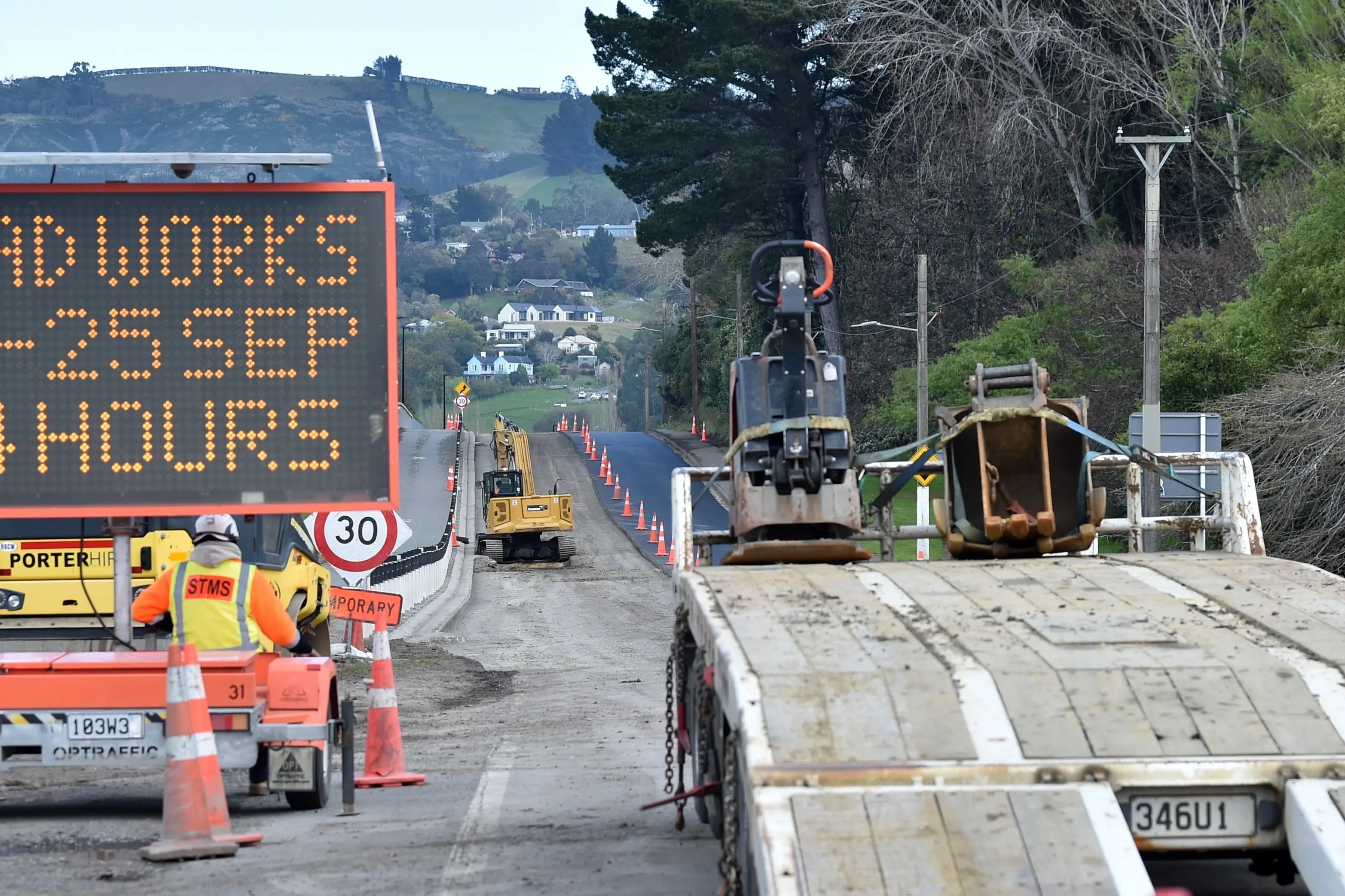 Roadworks on State Highway 88 near Port Chalmers on Monday. Photo: Peter McIntosh