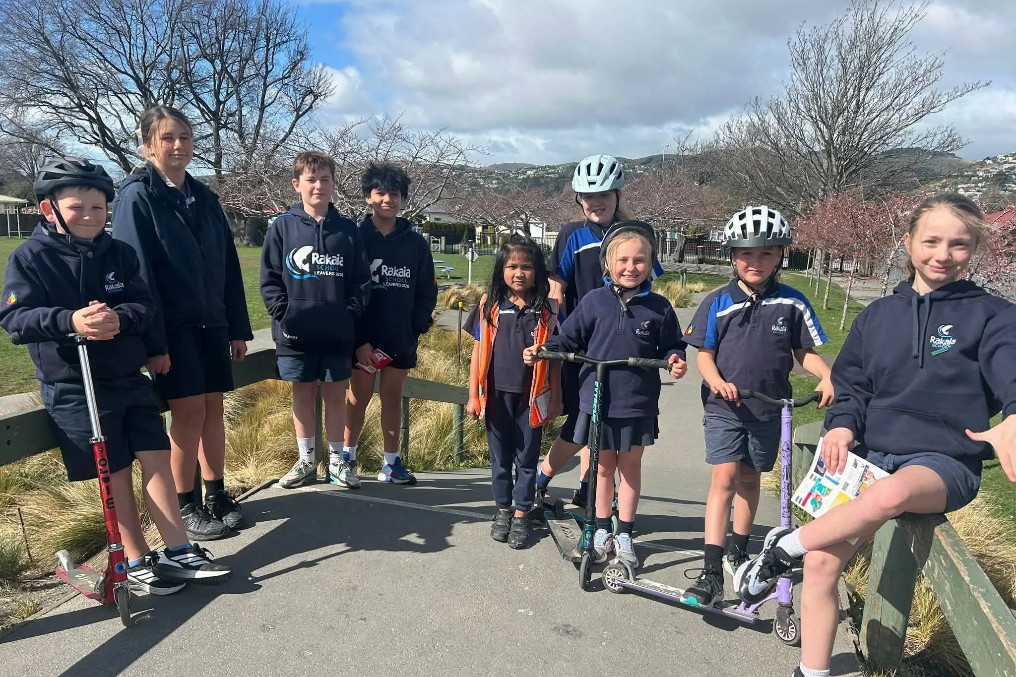 Rakaia School pupils, from left, Jasper, Jade, Reece, Alonso, Sherrie-Ann, Charlie Back, Stella, Dustin and Shae visited Christchurch schools for design ideas for their school\\u2019s new concrete wheels track.. Photo: Rakaia School