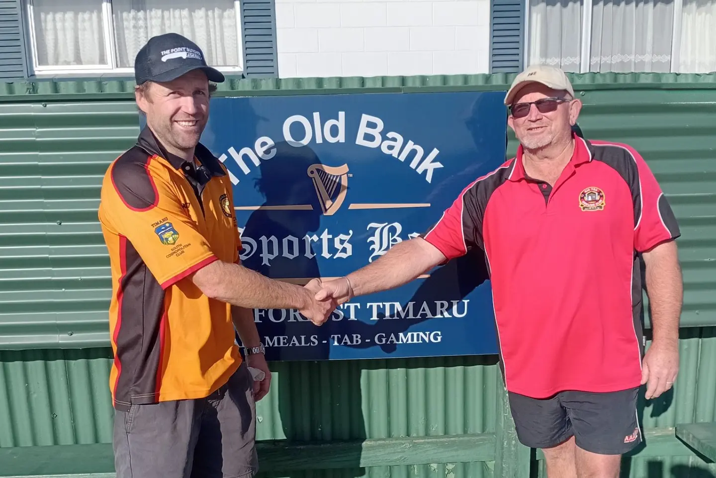 West End\\u2019s Andrew Bell (left) and Kia Toa\\'s Dean Satherley shake hands after a closely contested South Canterbury Development Singles final. Photo: Supplied
