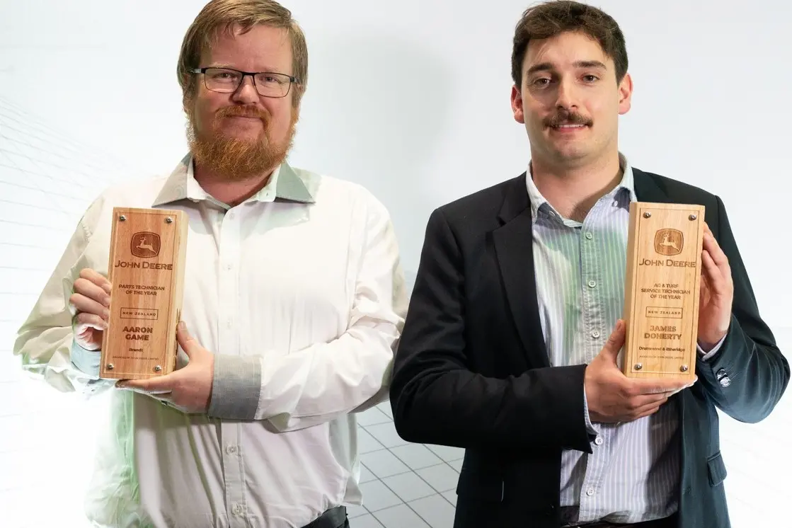 John Deere\\'s New Zealand Parts Technician of the Year award winner, Aaron Game, left, from Brandt in Silverdale and New Zealand Agriculture and Turf Service Technician of the Year James Doherty, Drummond & Etheridge, in Christchurch. Photo: Supplied
