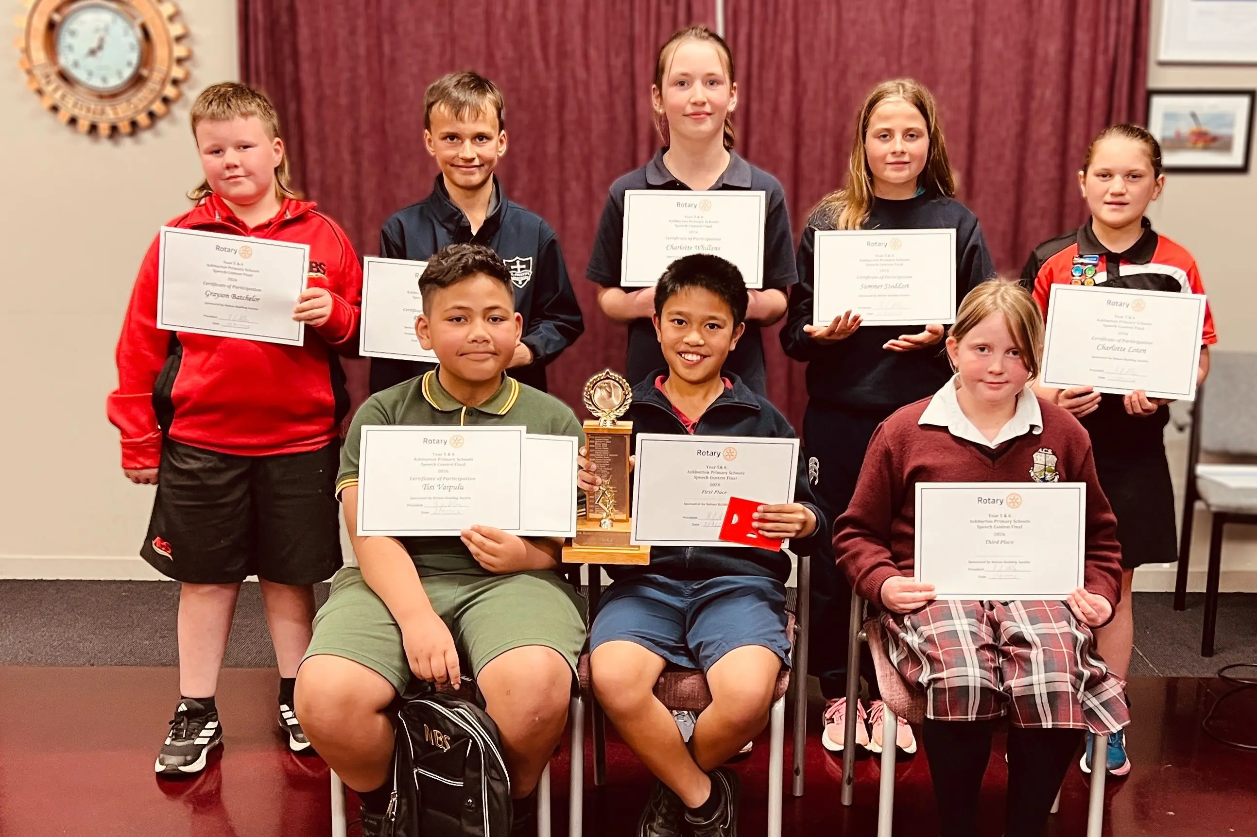 Plains Rotary Speech primary contest winner Airom Bubiao centre front, second place Tisi Vaipulu left front, and third place Olivia Nelson right front. \\nWith their certificates of participation from back left are; Grayson Batchelor, Rhett Brown, Charlotte Williams, Summer Stoddart and Charlotte Loten. Photo Bob Girvan