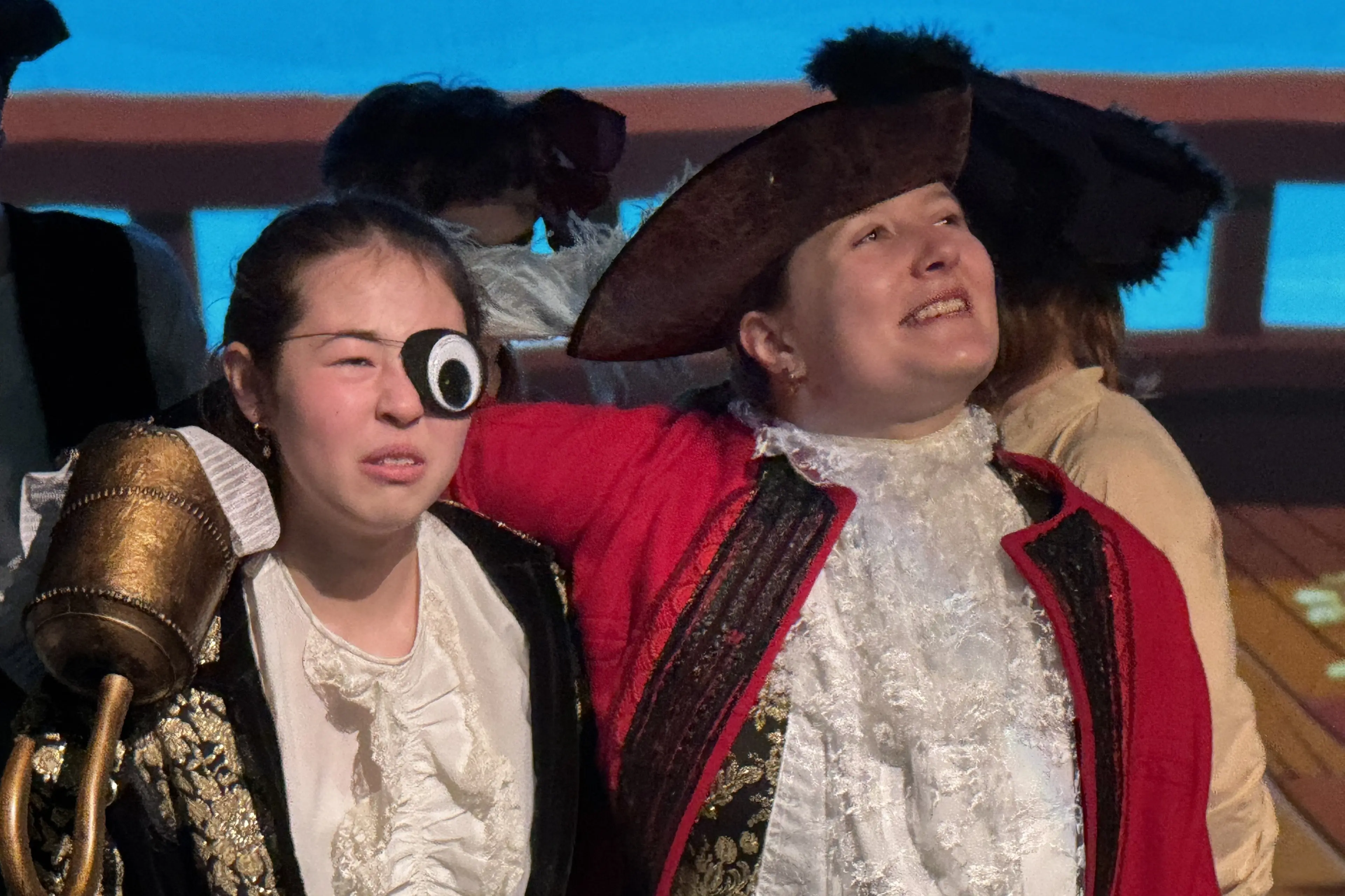 Smee (Jamie Poor) and Captain Hook (Eloise Beattie) hatch an evil plan in the Playhouse Theatre\\'s production of \"Peter Pan\", which opens this weekend. Photo: Supplied