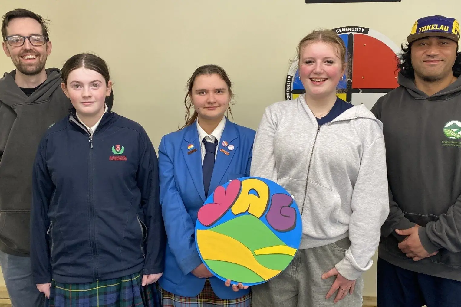 The Greater Green Island Youth Action Group (YAG) and volunteers, including (from left) youth worker Blair Mitchell, volunteers Orla Kane, 13, and Tamine Rumble, 14, YAG member Ruby-Mae Inch, 15, and youth worker Ilai Elekana Man\\u016B, will be on-hand at the Together Across Time positive ageing expo on October 1 to run events and help ensure the fun day goes smoothly. Photo: Brenda Harwood