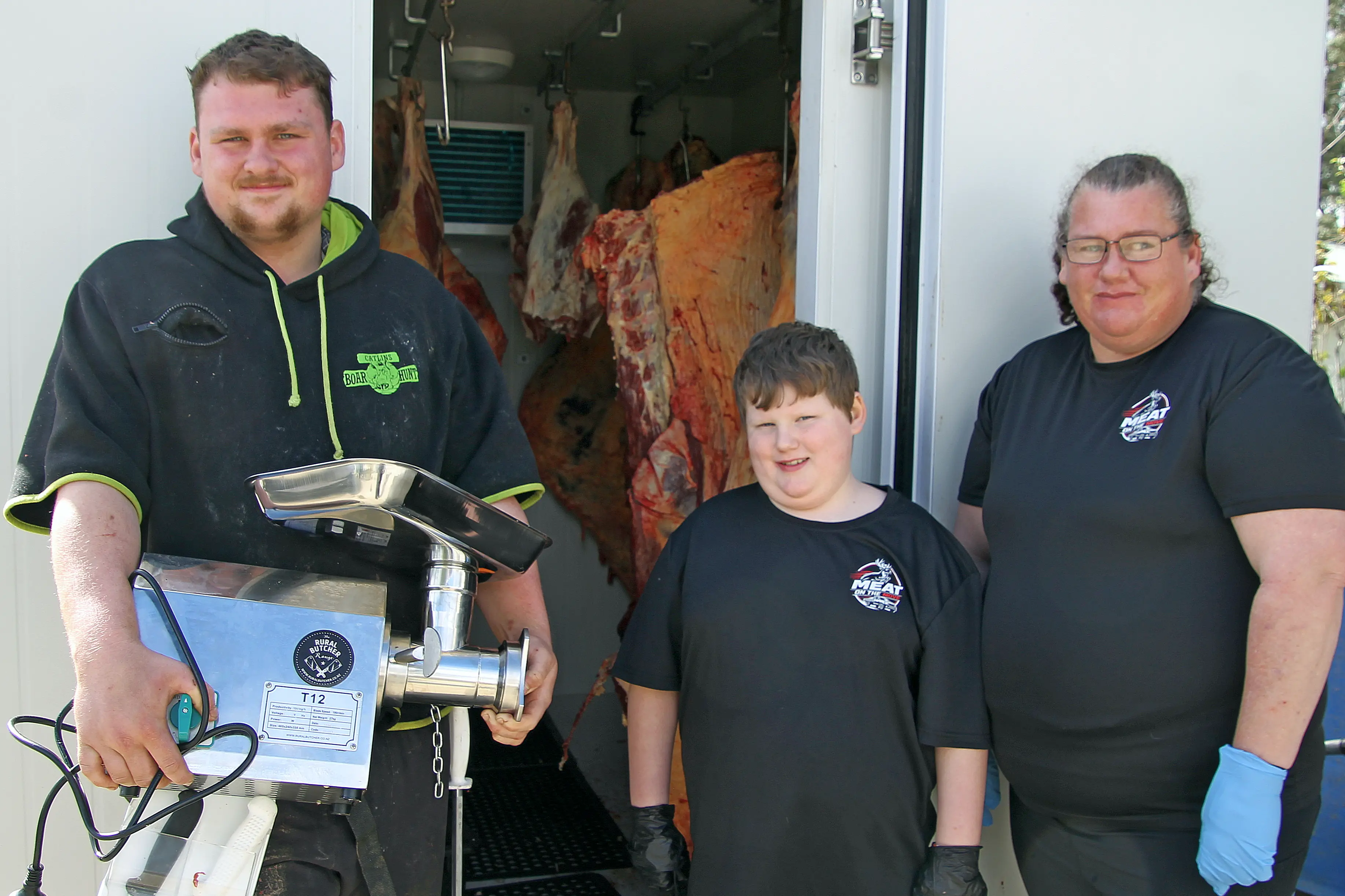 Balclutha Meat on the Move founders, from left, Ollie, Jacobi, 9, and Alana Tunnah make mincemeat of a day\\'s work. Photo: Nick Brook