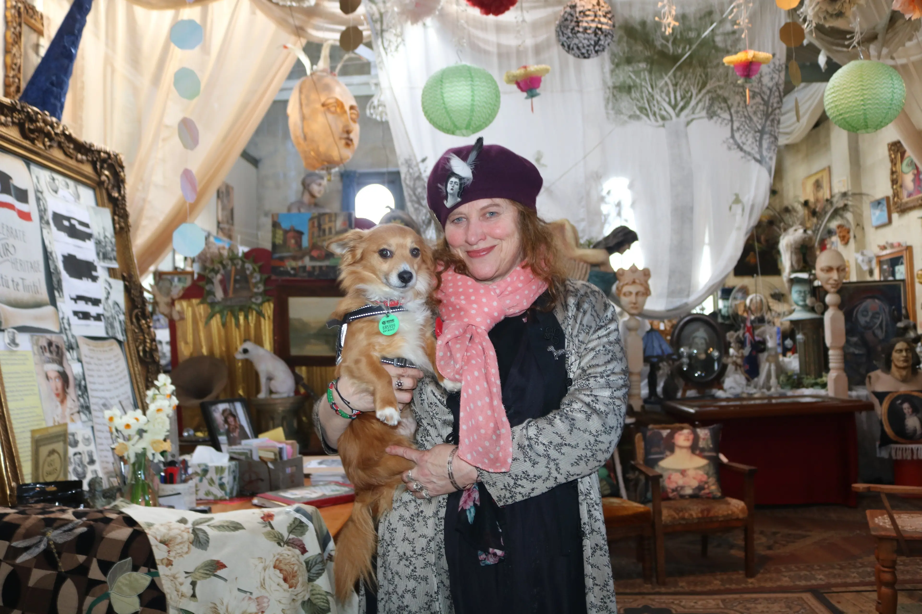 Artist Donna Demente in the Grainstore Gallery with her 6-year-old dog Spanner. Photo: Jules Chin