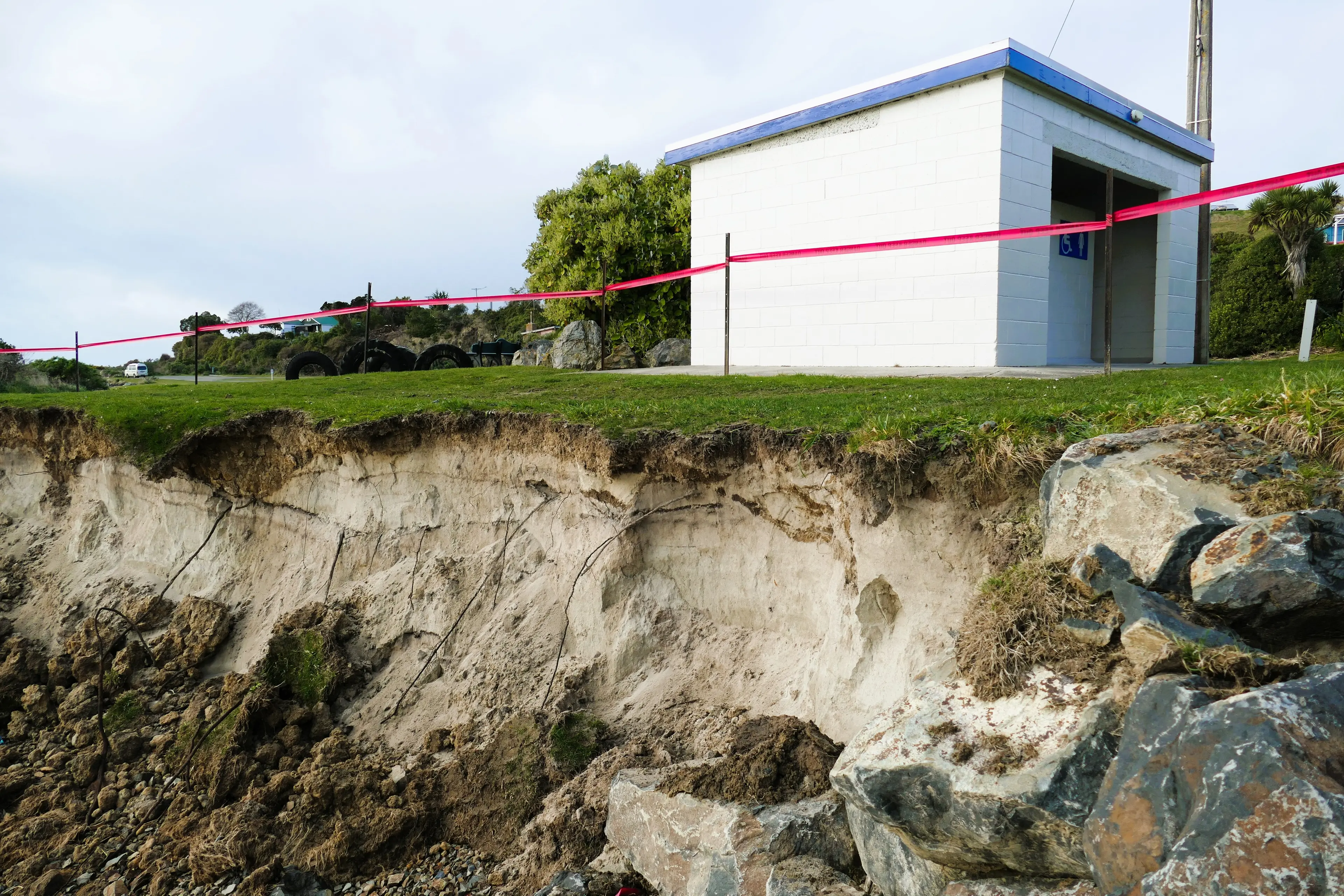 Coastal erosion at Taieri Mouth\\'s Knarston Park is threatening its public toilets. Photo: Richard Davison