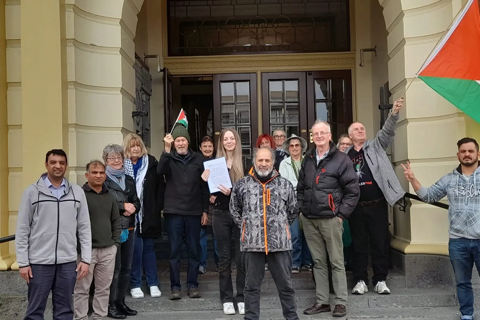Members of Palestine Solidarity Network Aotearoa pictured outside Invercargill\\'s Civic Theatre last month. Photo: Supplied.