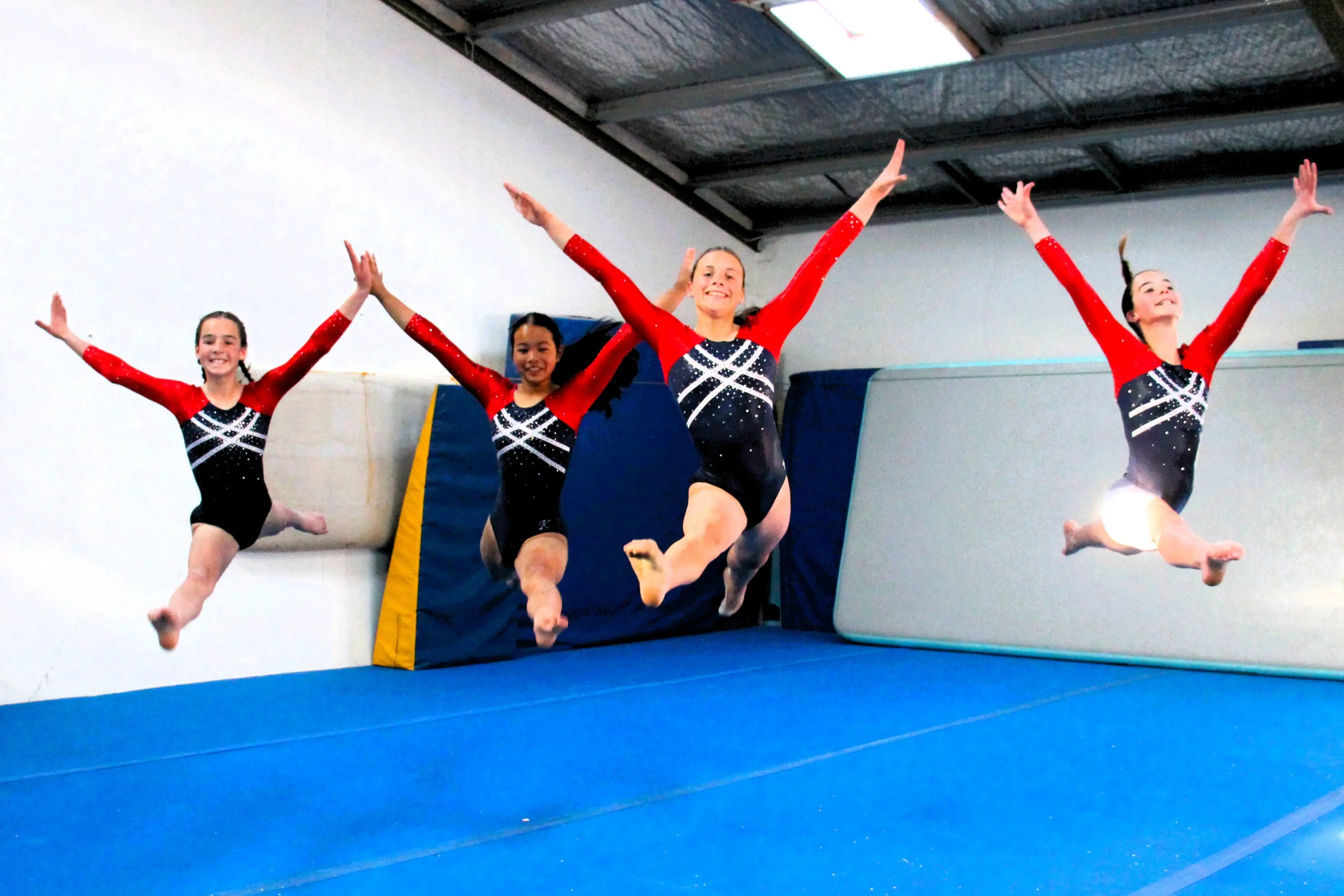 Blenheim Gymnastics Club members, from left, Addie Kitto, Casso Karura, Greta Foote and Paige Kitto have been selected for the Top South team for nationals. Photo: Paula Hulburt.