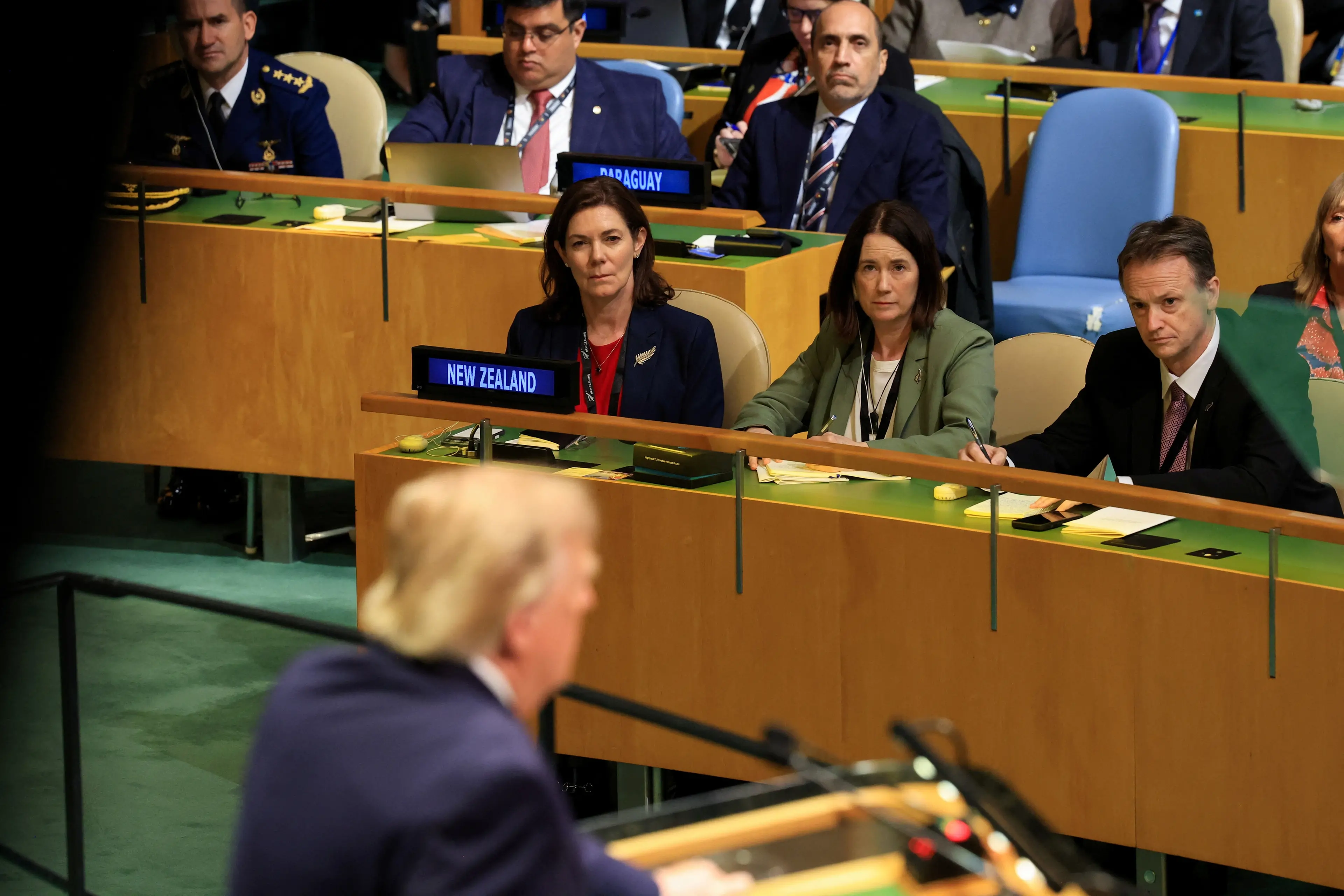 <p>Members of the New Zealand delegation look on as US President Donald Trump addresses the 81st United Nations General Assembly at UN headquarters in New York. Photo: Reuters</p>\\n