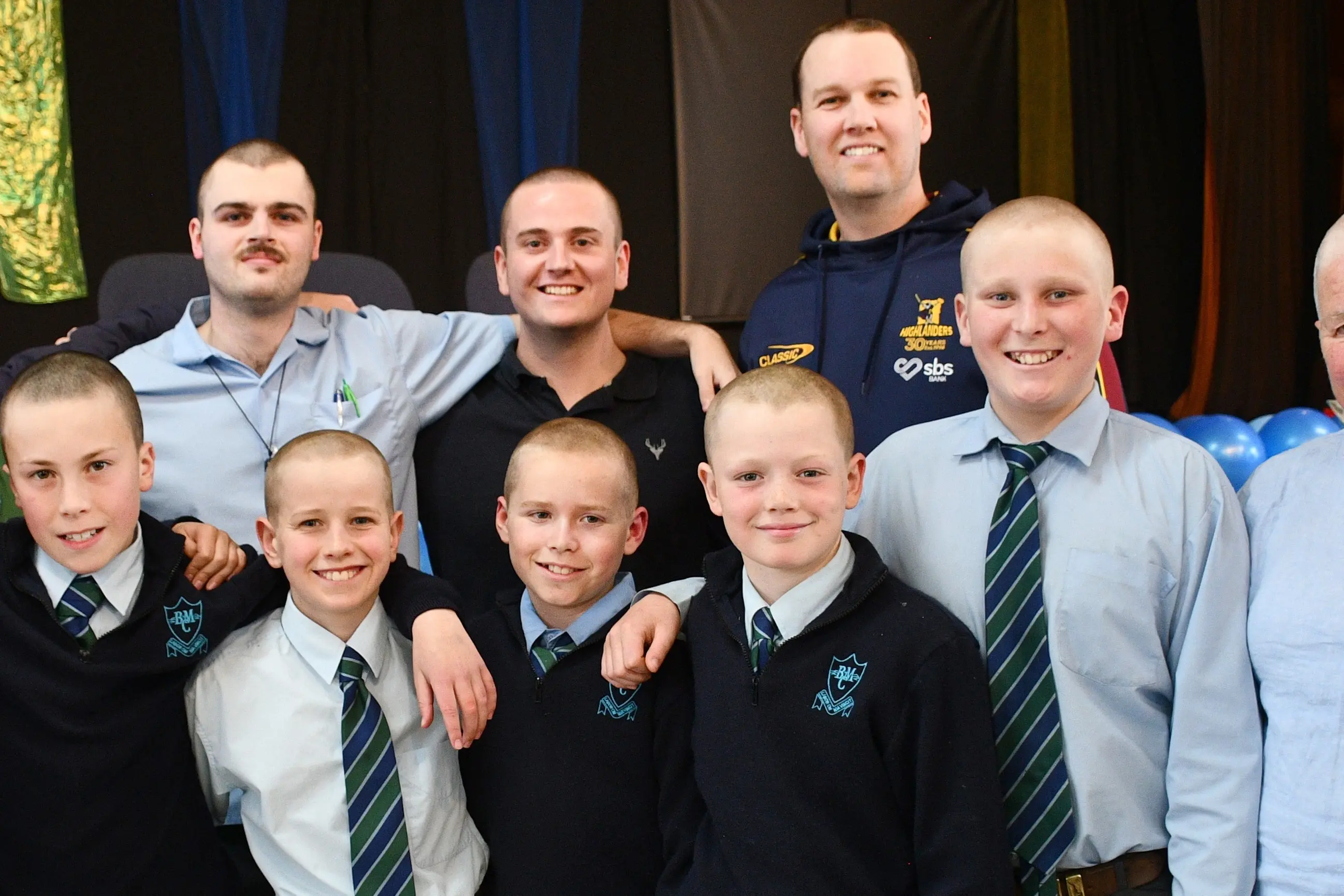 People connected to Blue Mountain College in Tapanui including students \\u00A0(from front left) Mitchell Herriott,\\u00A011, Koby Joyce,\\u00A012, Mason Roulston,12,\\u00A0Ryder Hellewell,12, Grayson Lietze,\\u00A011, Cooper McHutchon, 14, assistant principal Janine Venz, students John Swart,13\\u00A0and Thomas Christie,18,\\u00A0alumni Lachlan Cronan, and teacher Lockie Brenssell all shaved their heads as part of the schools fundraising effort had them raise over over $16,000 for the Child Cancer Foundation on Wednesday. Photo: Gemma Sinclair