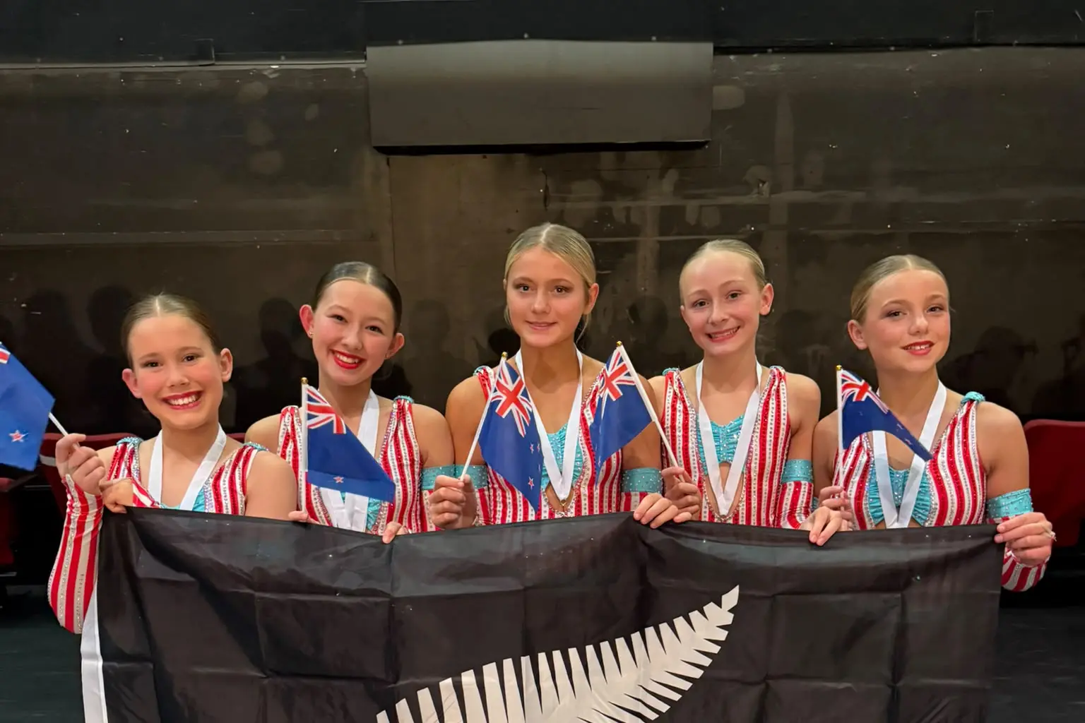 Off to the World Championships . . . Sophie Hamilton, second from left, with fellow New Zealand team members who will represent New Zealand on the World Stage at Invercargill in November. Photo: Supplied