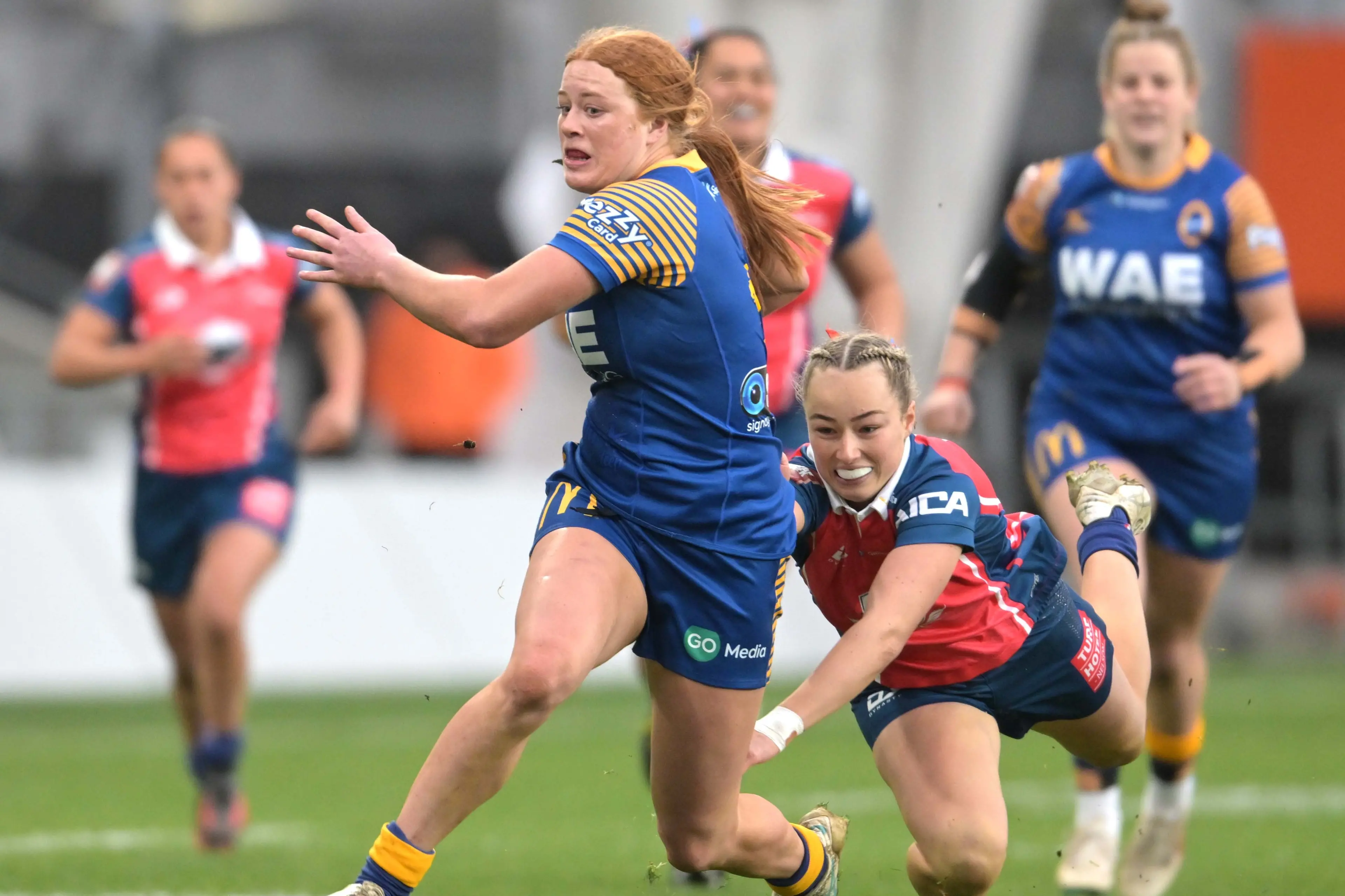 Otago winger Zaria Murray gets clipped by Tasman halfback Dallas McKnight during a Farah Palmer Cup game in Dunedin. Photo: Gerard O\\'Brien