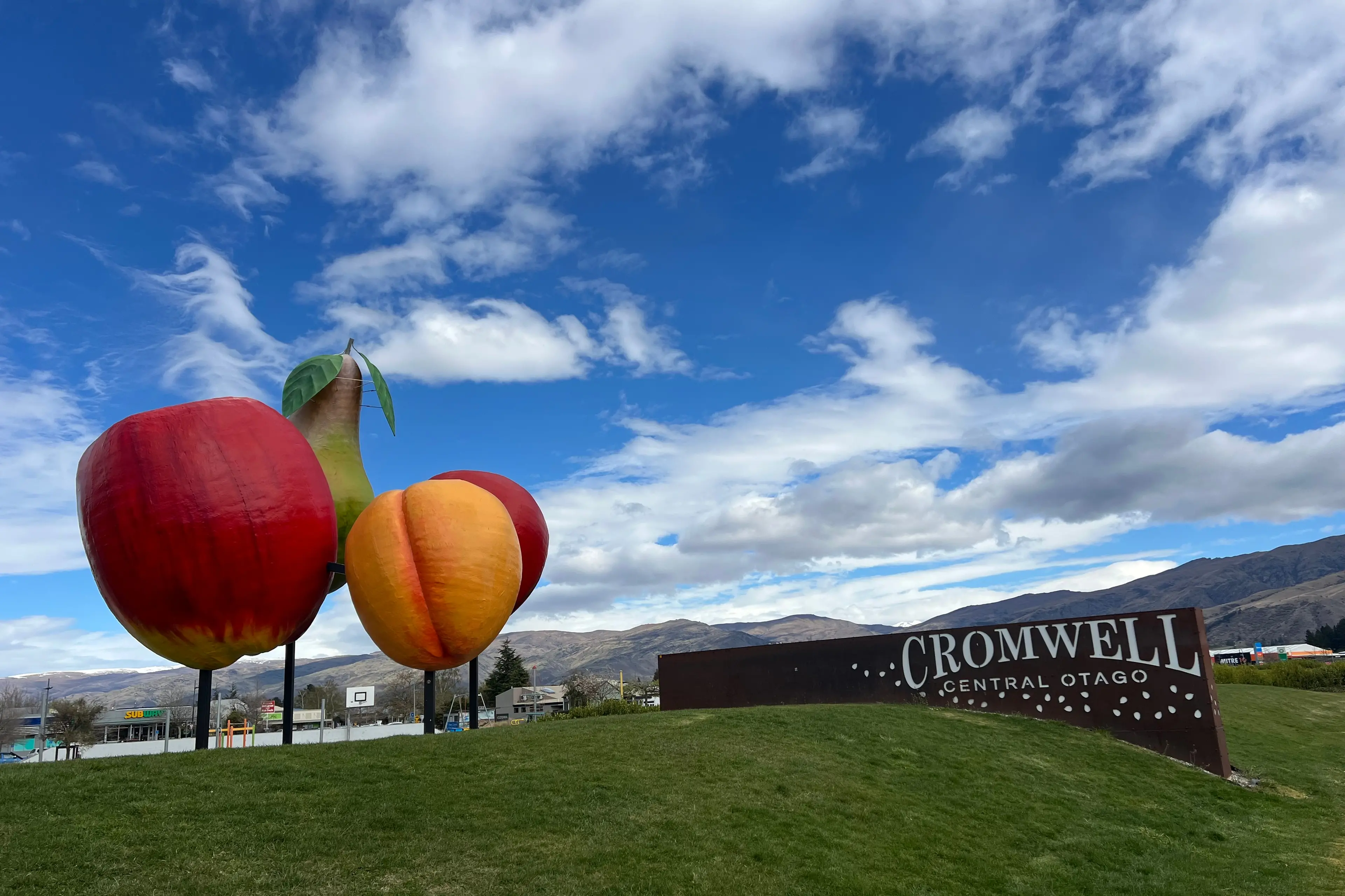 Cromwell\\'s giant fruit sculpture, gifted to the town by the Cromwell Rotary Club in 1989, is set for another repaint. Photo: Carys Trotter