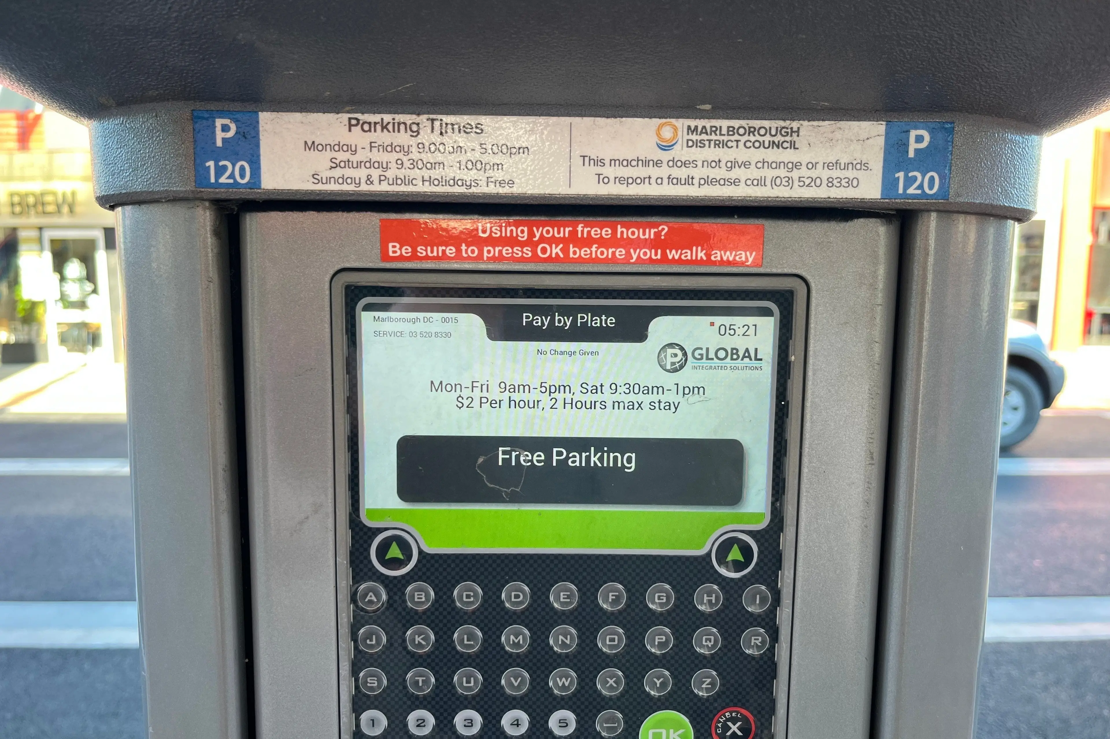 The parking meters along Market St on Thursday morning show \\u201Cfree parking\\u201D to would-be shoppers, but not for much longer. Photo: Ian Allen/Marlborough Express