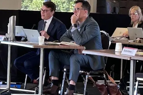 Santana chief executive Damian Spring (right) and legal counsel Joshua Leckie (left) at a fast-track hearing about his firm\\'s  proposed Bendigo mine this year. Photo: supplied