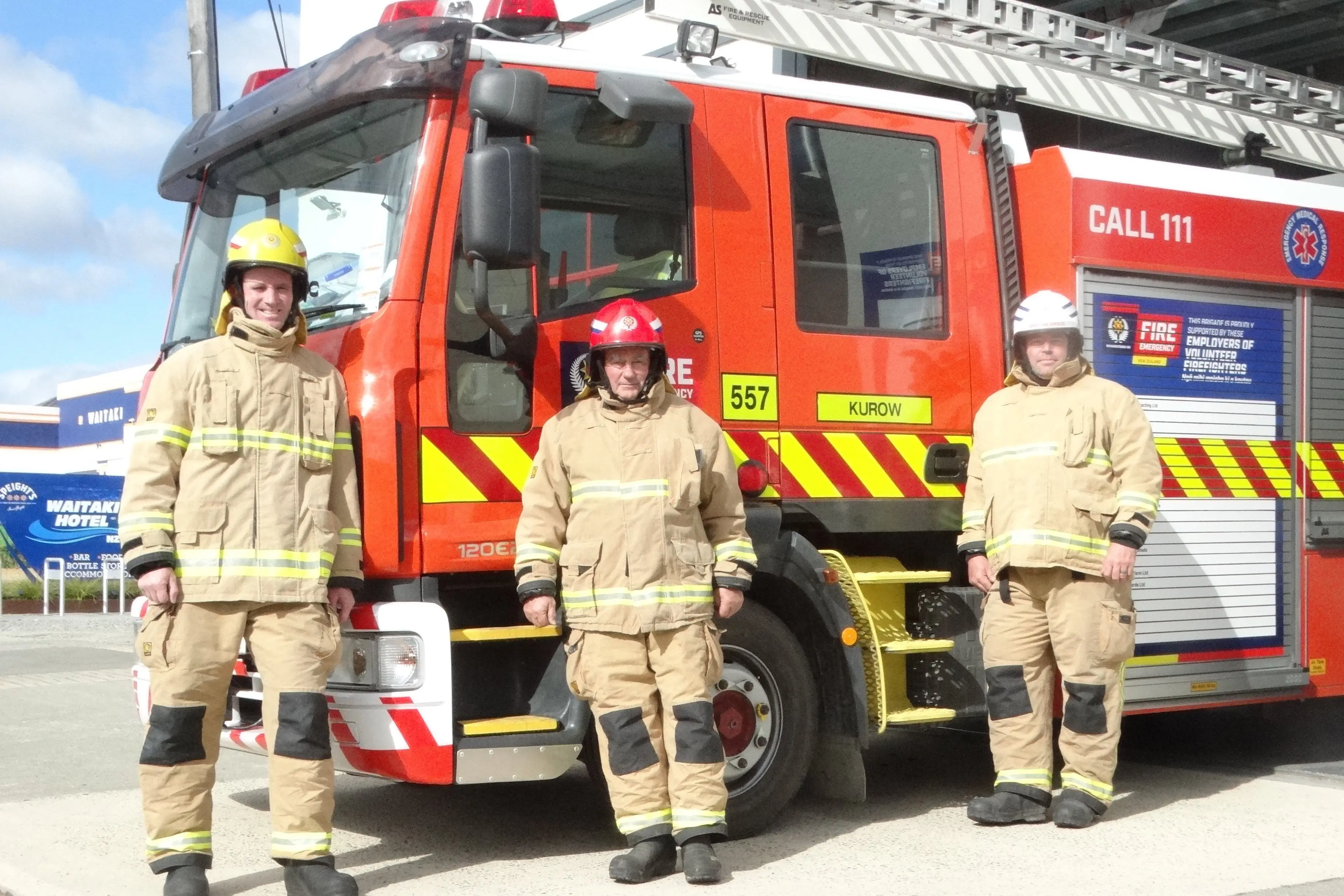 Kurow Volunteer Fire Brigade members (from left) Qualified Firefighter Ashley Wilson, Senior Station Officer John Abelen and Chief Fire Officer Kieran Sparks are excited to see some profits from their calf-rearing fundraiser. Photo: Nic Duff