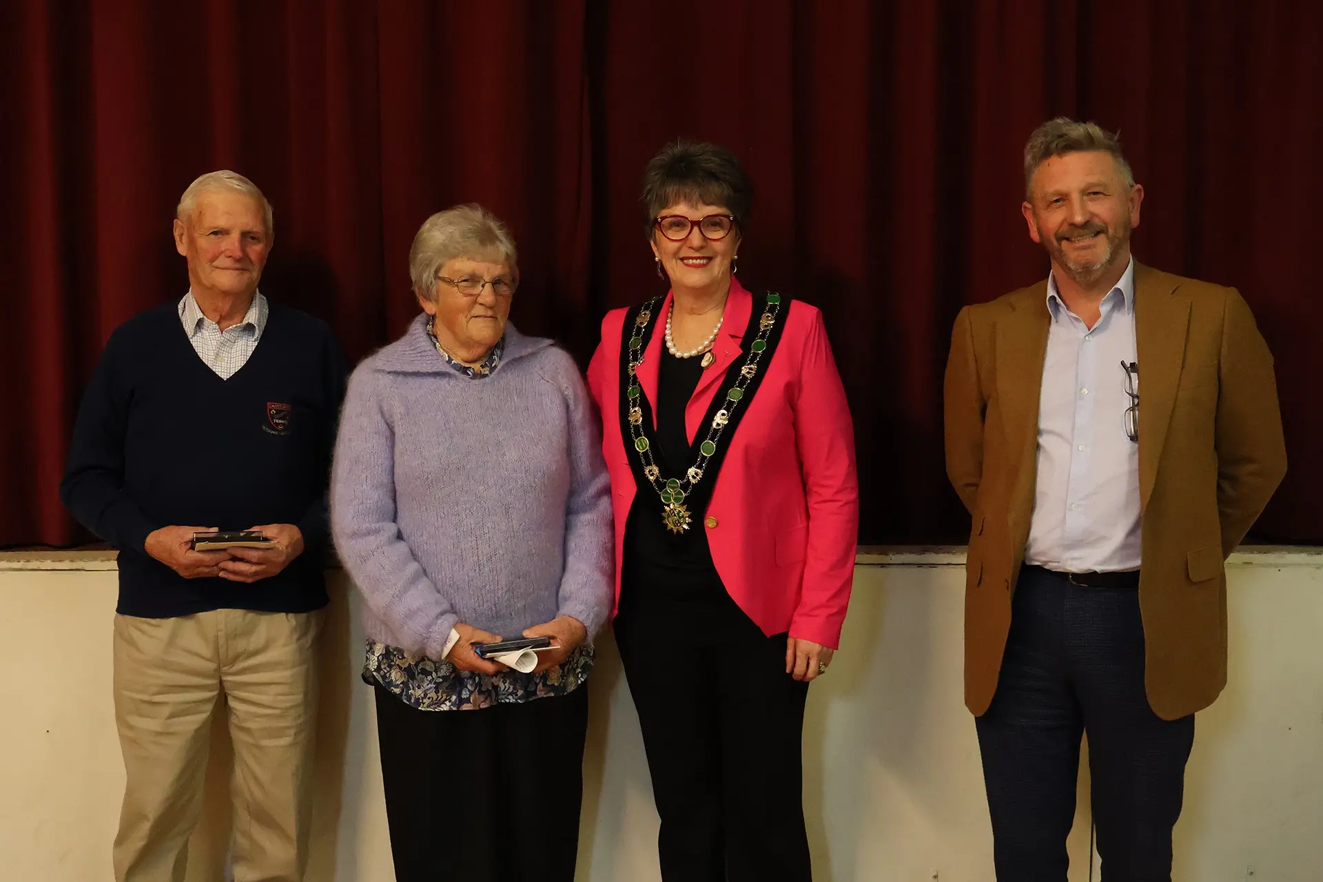 Community Service . . . Jim (left) and Sue Trumper were congratulated by Hurunui Mayor Marie Black and west ward councillor Chris Carthy for decades of service to the Harwarden community. Photo: Supplied by Hurunui District Council