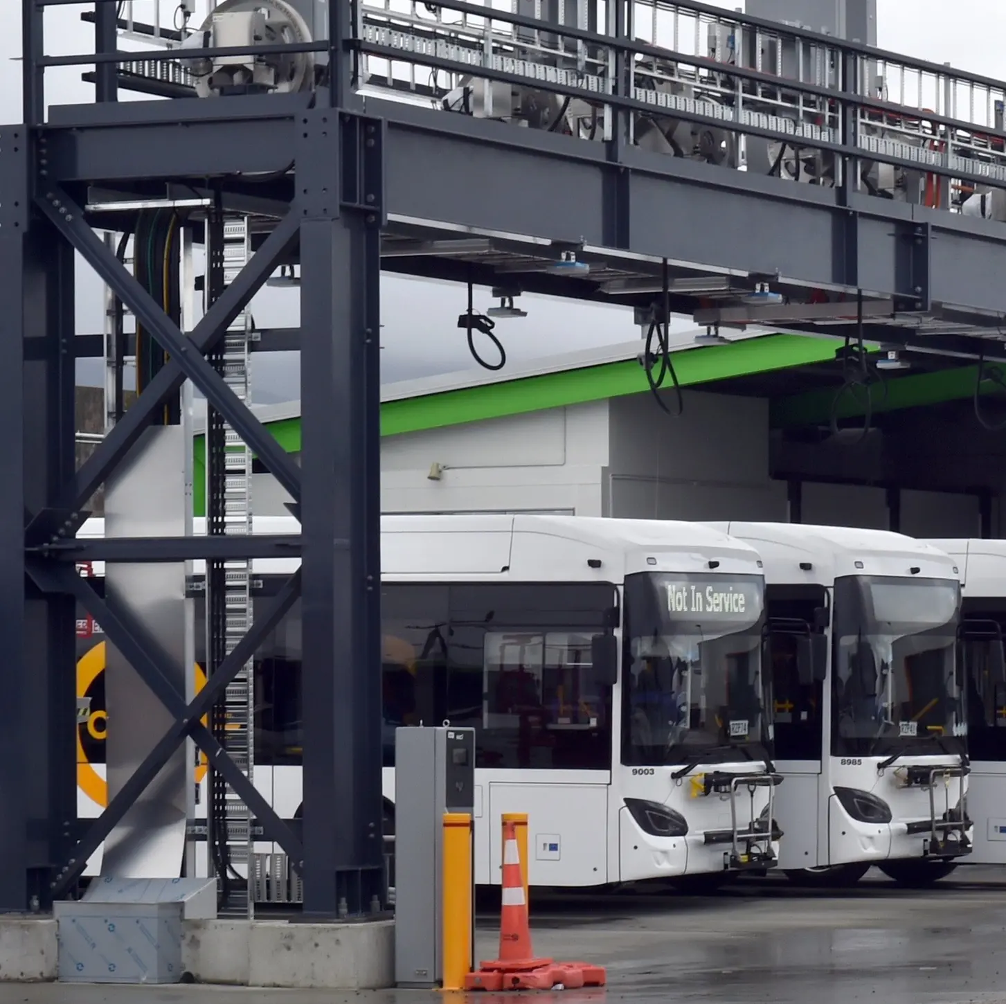 Electric bus charging goes over the top