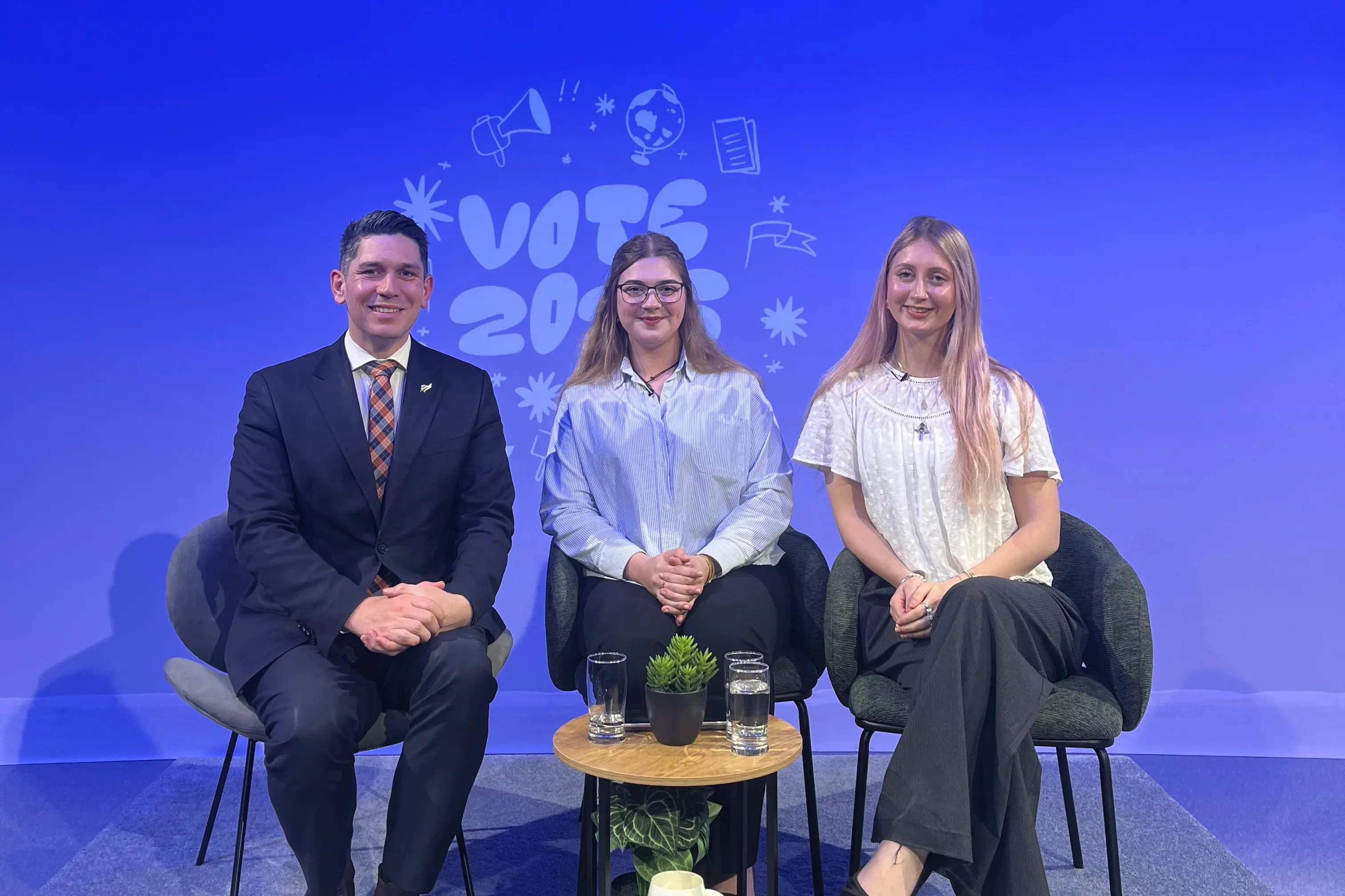 At Thursday\\'s interview for university programme\\u00A0Vote 2026 are (from left) National MP and Minister for Youth James Meager, Interviewers Lola Colbeck and Ella Cessford.\\u00A0Photo: Supplied