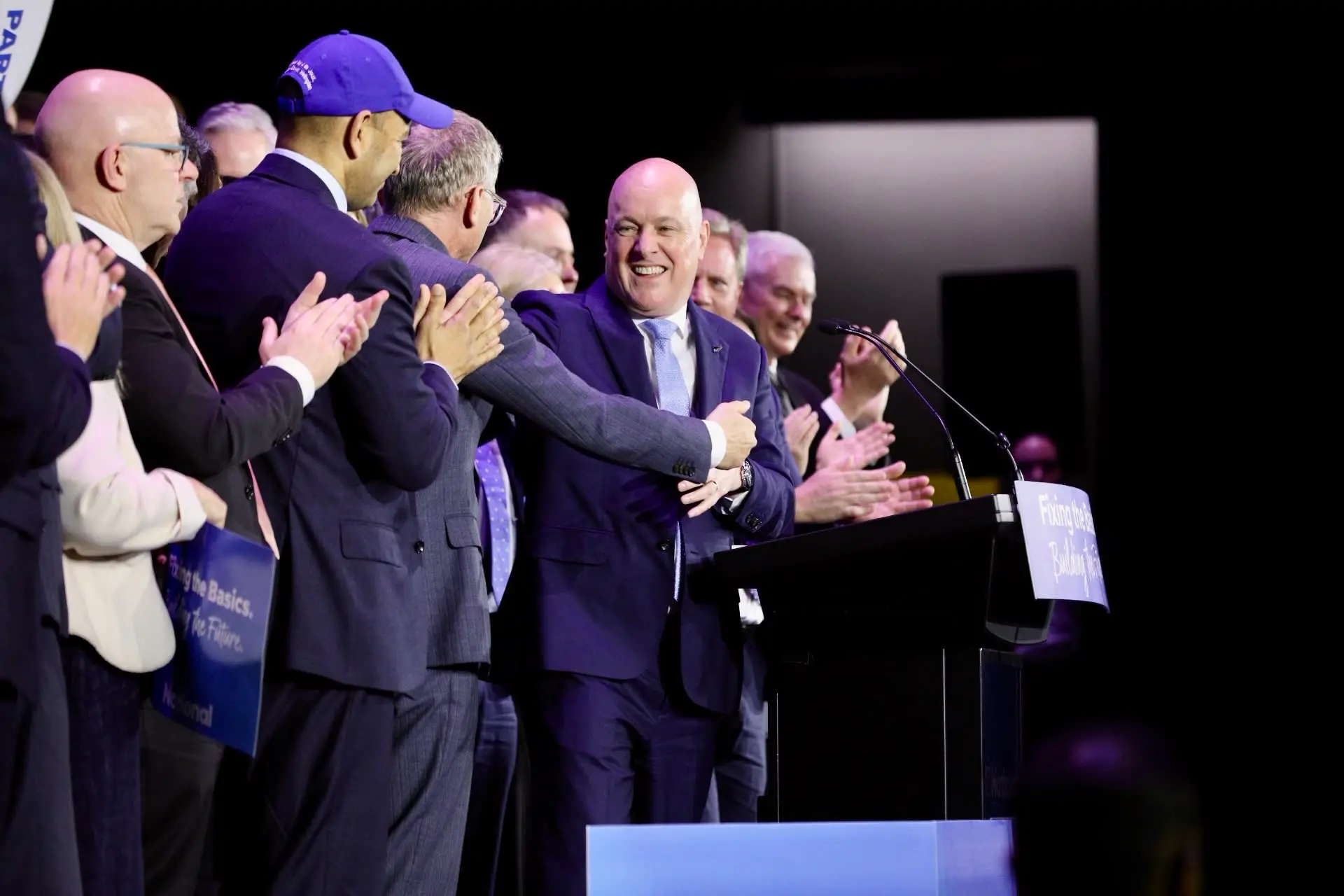 National leader Christopher Luxon shakes hands as he finishes his party\\'s campaign launch speech in Auckland. Photo: RNZ