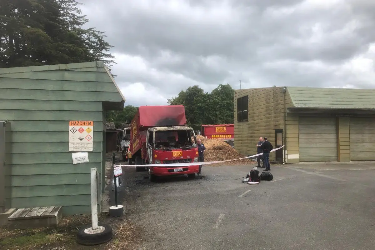 Trucks belonging to Christchurch company Treetech were damaged by the fire. Photo: Matthew Rosenberg