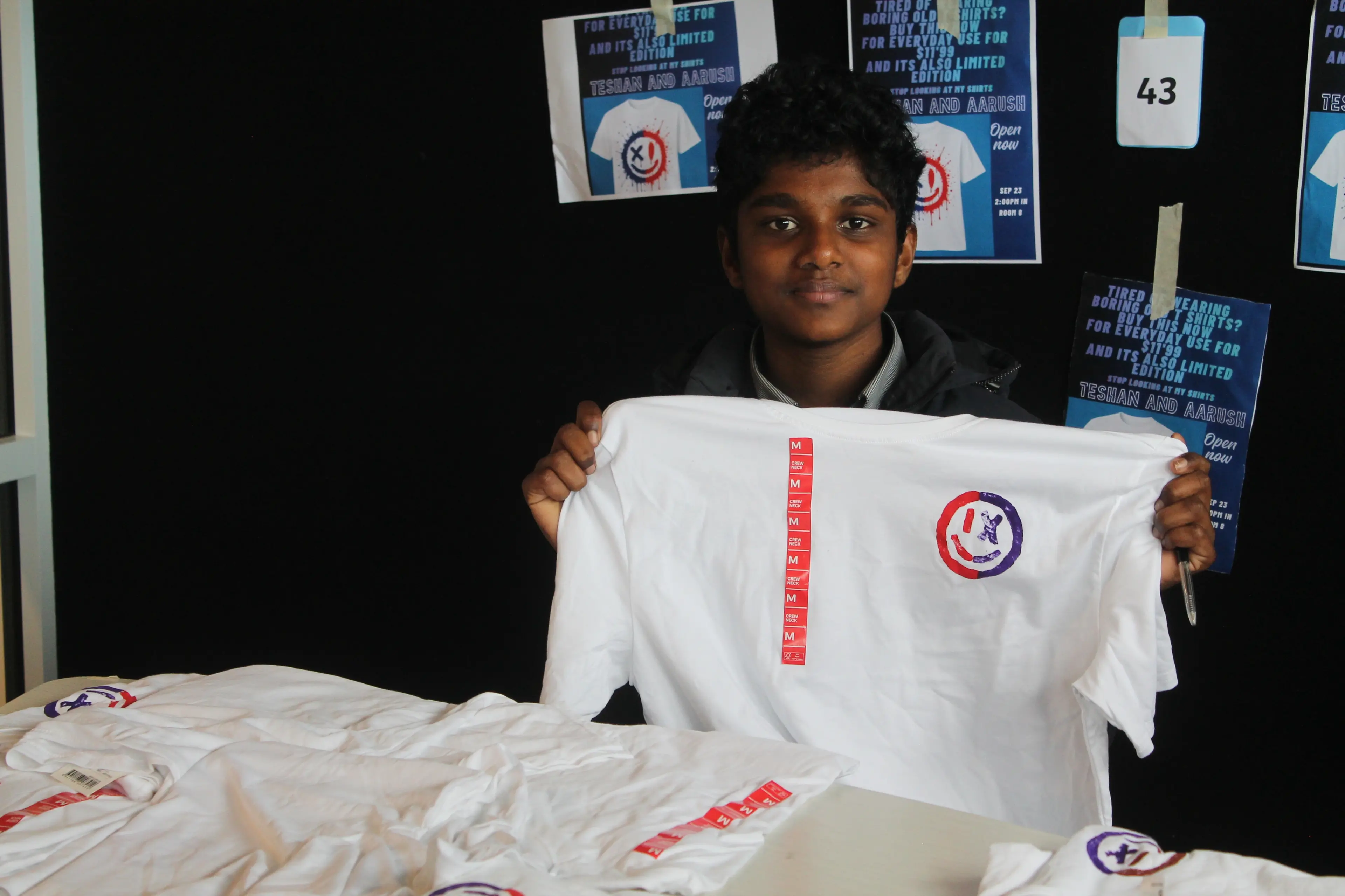 Teshan Dhanthasinha Chithra Mulacharige, 12, created a design with a classmate and printed off shirts, showing creativity never goes out of fashion. Photo: Gerrit Doppenberg