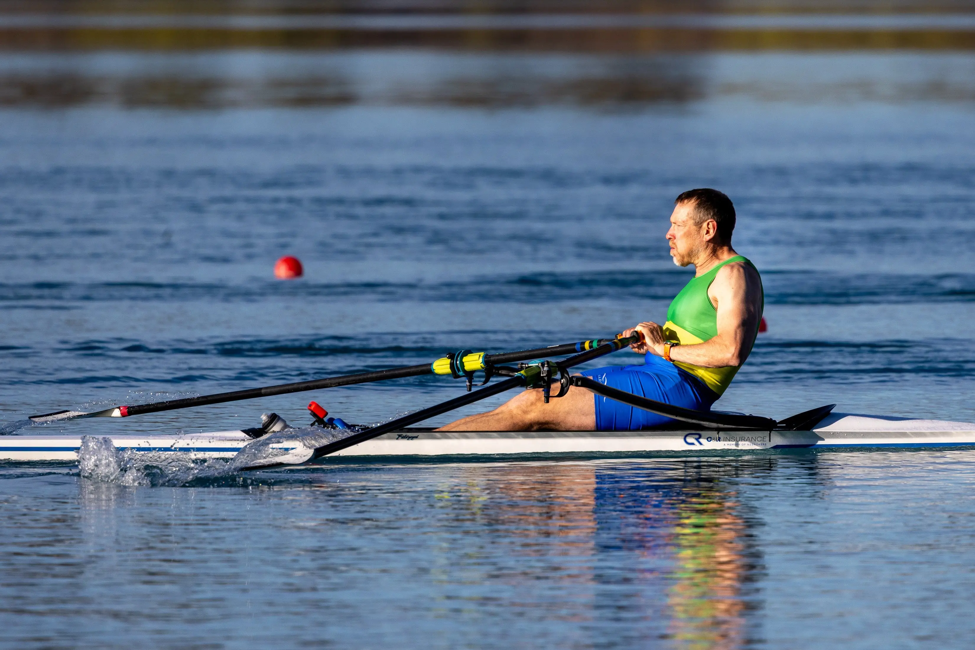 Dunstan Arm rower and head coach Simon Smith on his way to winning the men\\'s masters event at the R2K Singles Regatta in Twizel. Photo: Sharron Bennett Photography