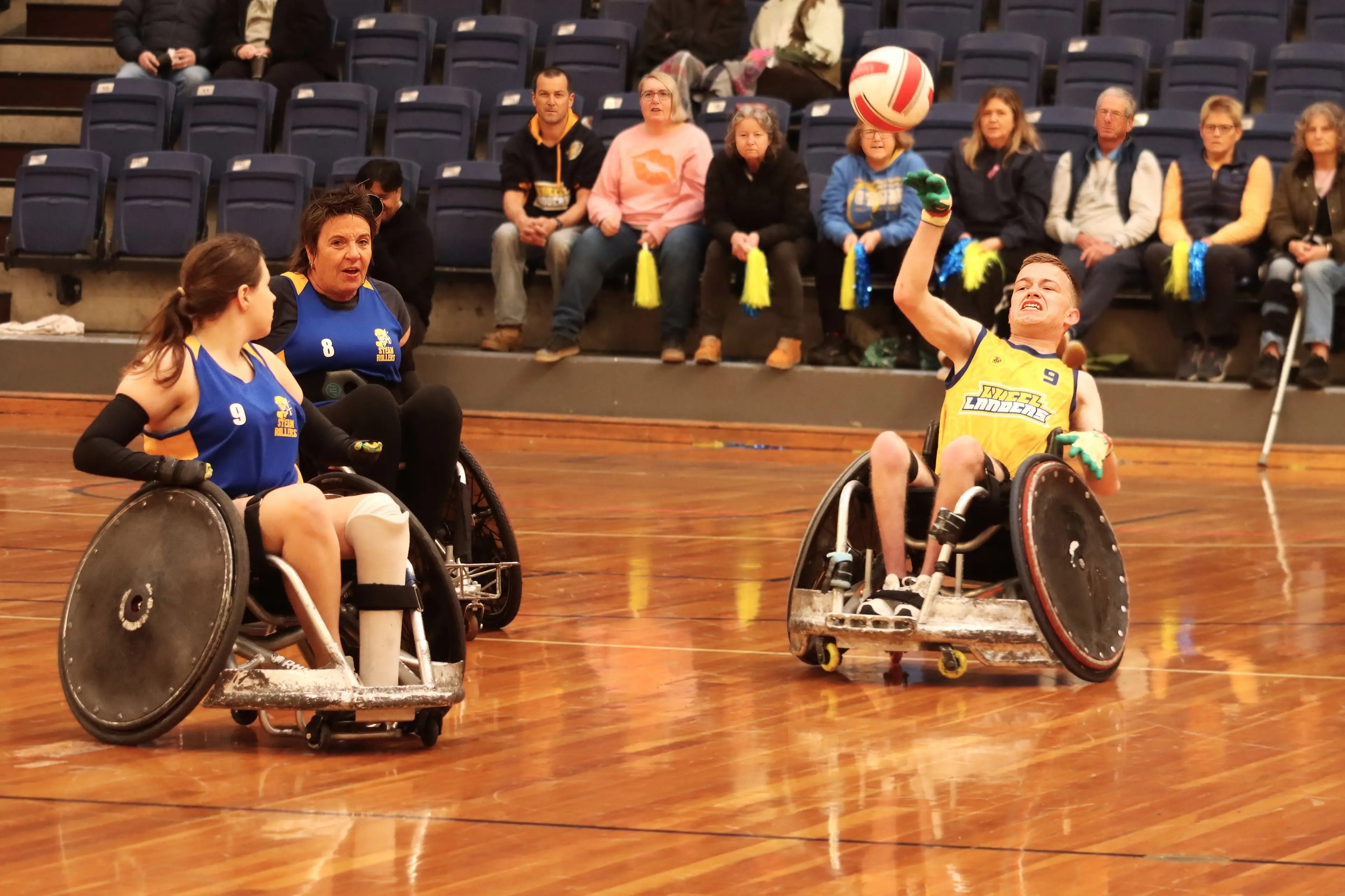 Bay of Plenty\\u2019s Rhiannon Bellete (left) and Amanda Lowry look sharp as Otago Wheel Landers Dylan Lloyd gets set to pass the ball. Photo: Sam Henderson