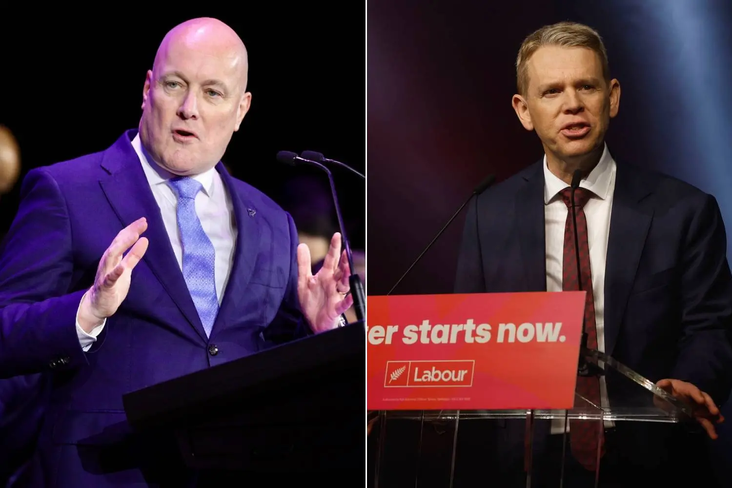 Racing this time: National Party leader Christopher Luxon and Labour leader Chris Hipkins at their respective campaign launches in Auckland on Sunday. Photos: RNZ