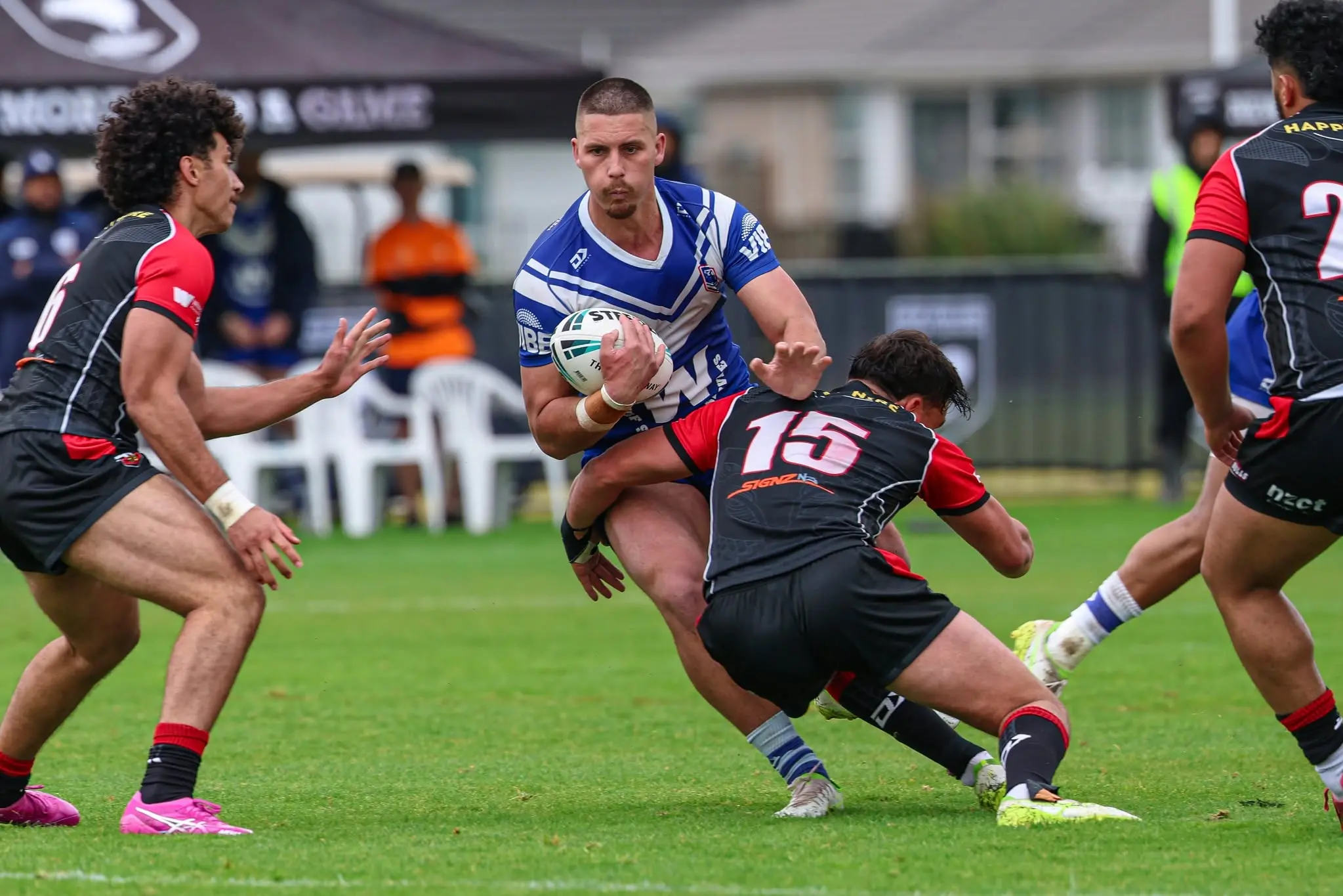 Canterbury Bulls Tahemaka Nui (left) and Joel Leka look to put a tackle on Auckland\\'s Samuel Waterwort in the national premiership semi-final on Sunday. PHOTO: NZRL
