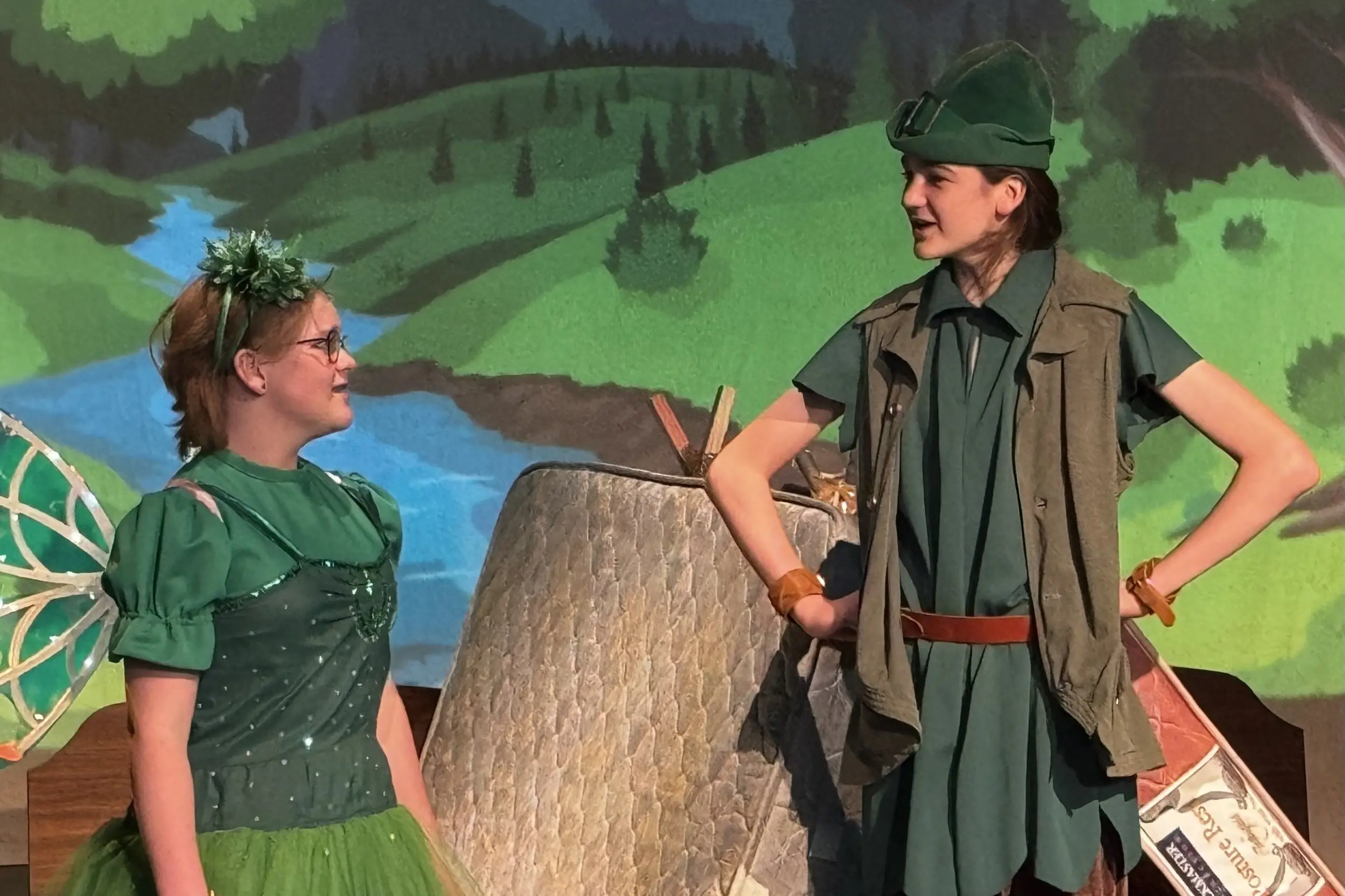 Tinkerbell (Clara Clark) gets grumpy with Peter Pan (Sam Gordon) in a scene from \\'Peter Pan\\', which continues at the Playhouse Theatre until October 8. Photo: Supplied