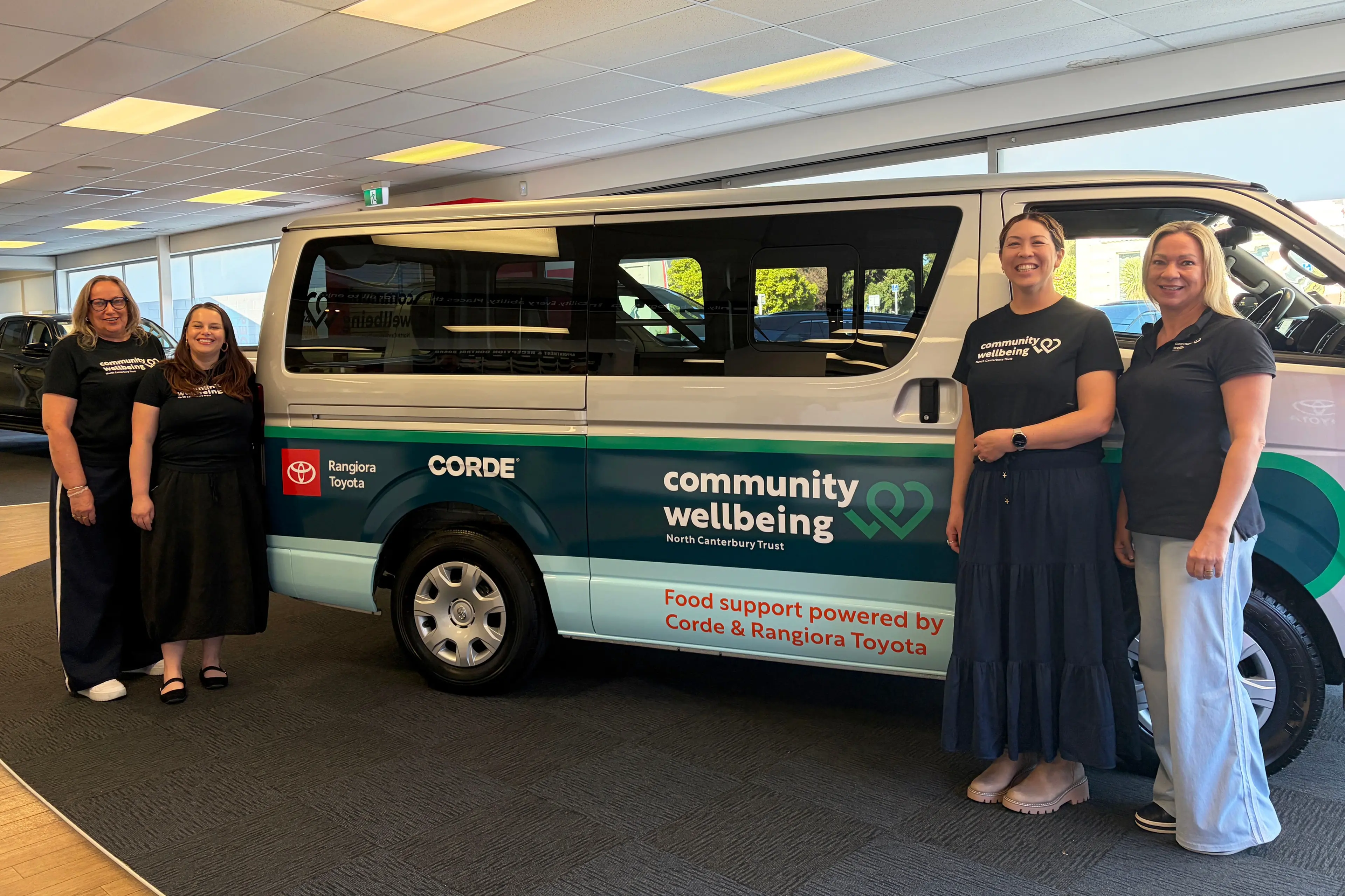 Powering food delivery . . . The Kaiapoi Foodbank team beside the new vehicle thanks to the support of Corde and Rangiora Toyota. Photo: Supplied.
